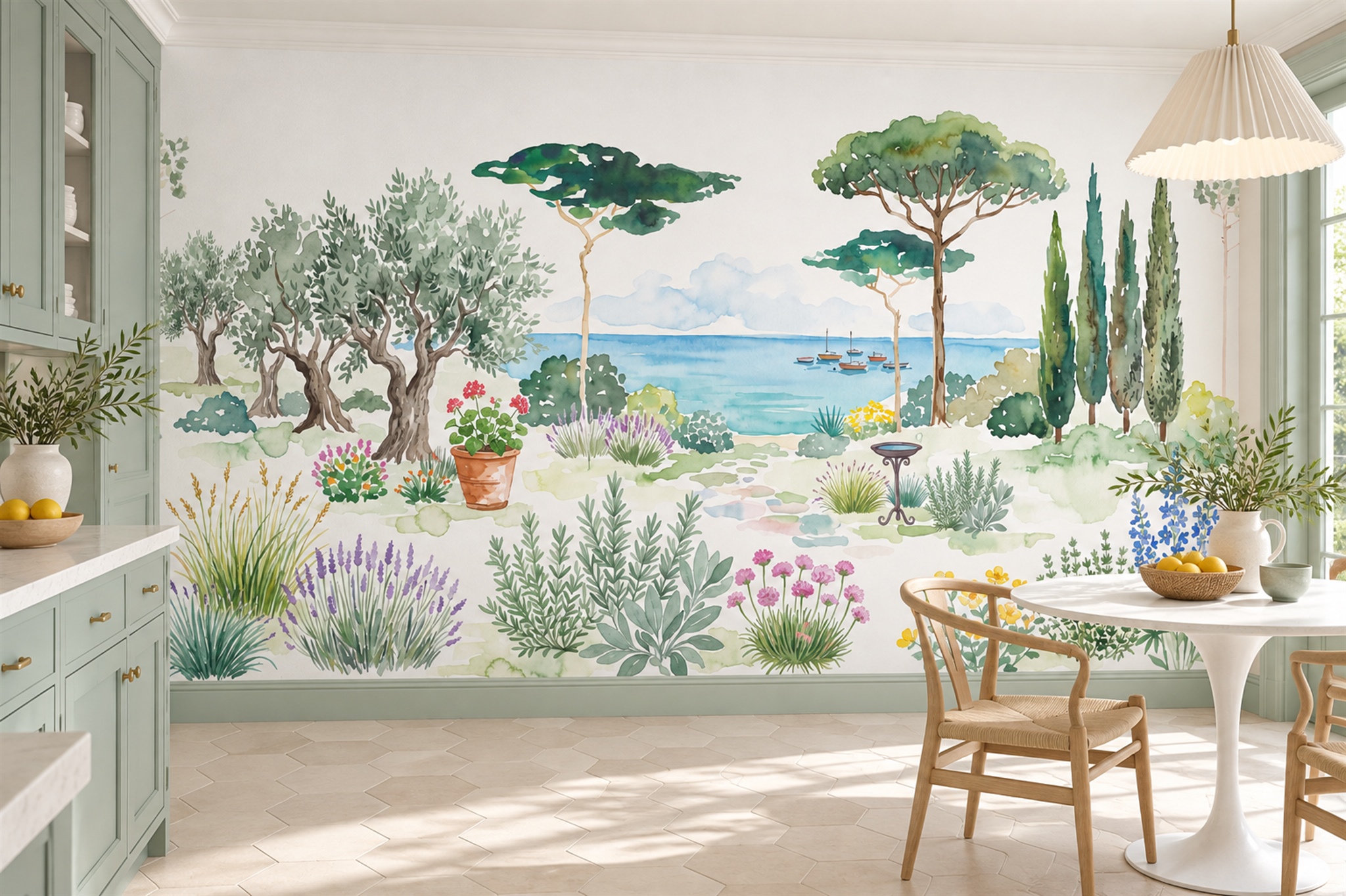Green Coastal Scenic Watercolour Wallpaper Mural Dining-room-wallpaper-murals, Shown In A Dining Room, Peel-and-stick Finish