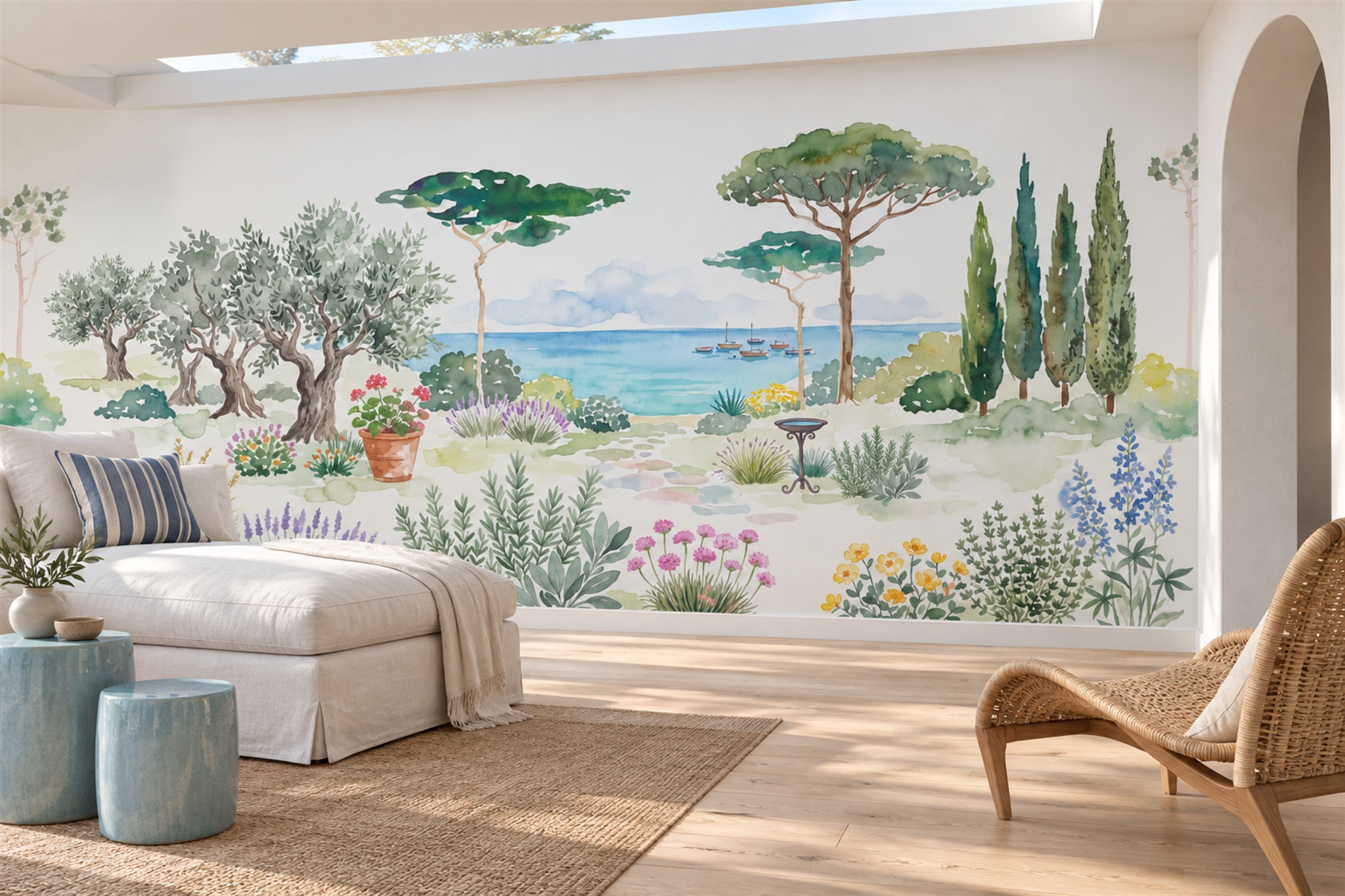 Green Coastal Scenic Watercolour Wallpaper Mural Accent-wall-wallpaper-murals, Peel-and-stick Finish