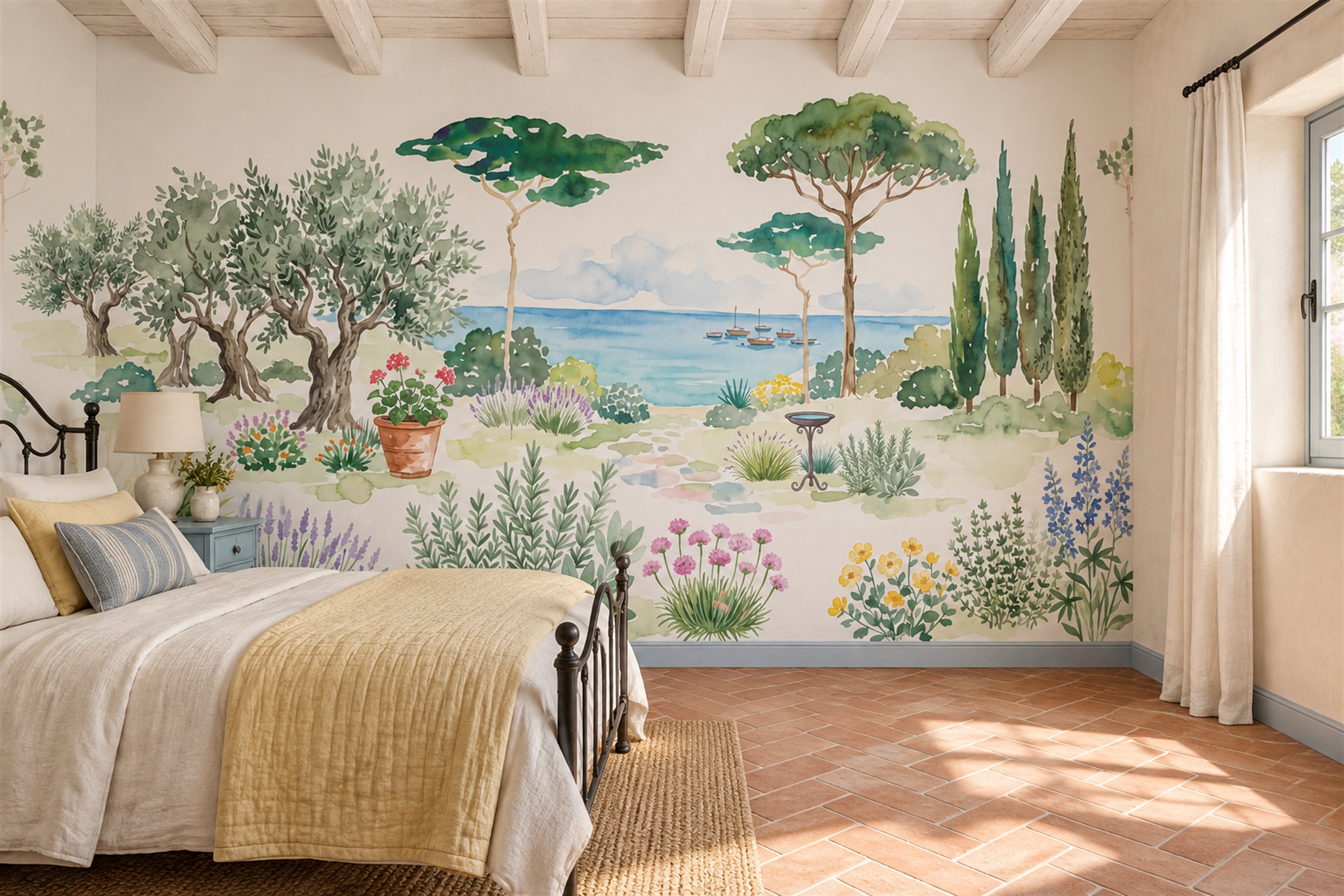 Mediterranean Coastal Garden With Olive Trees Wallpaper Mural — Installed Wallpaper Mural In A Bedroom, Peel-and-stick Finish