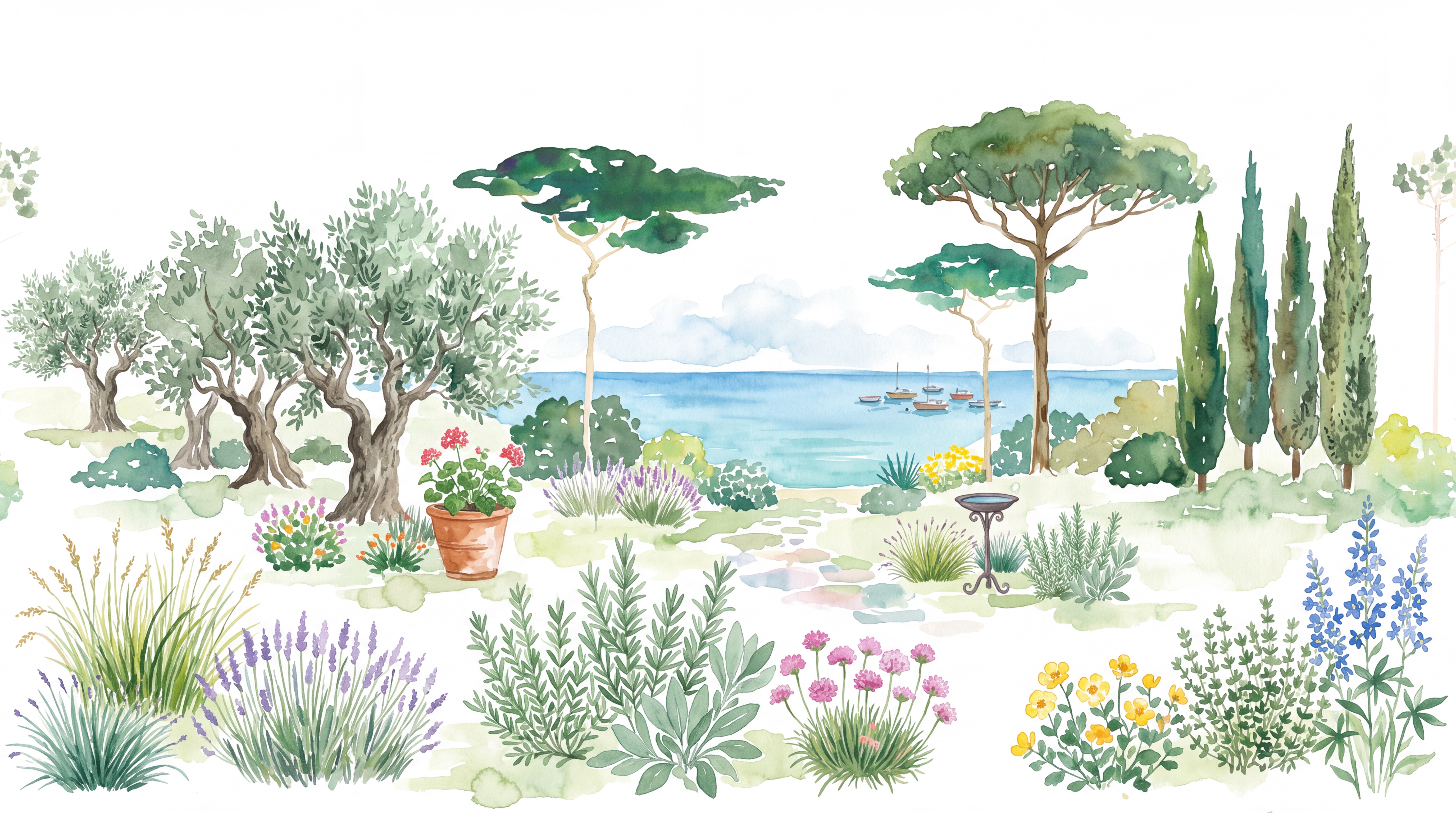 Green Coastal Scenic Watercolour Wallpaper Mural Bedroom-wallpaper-murals, Peel-and-stick Finish