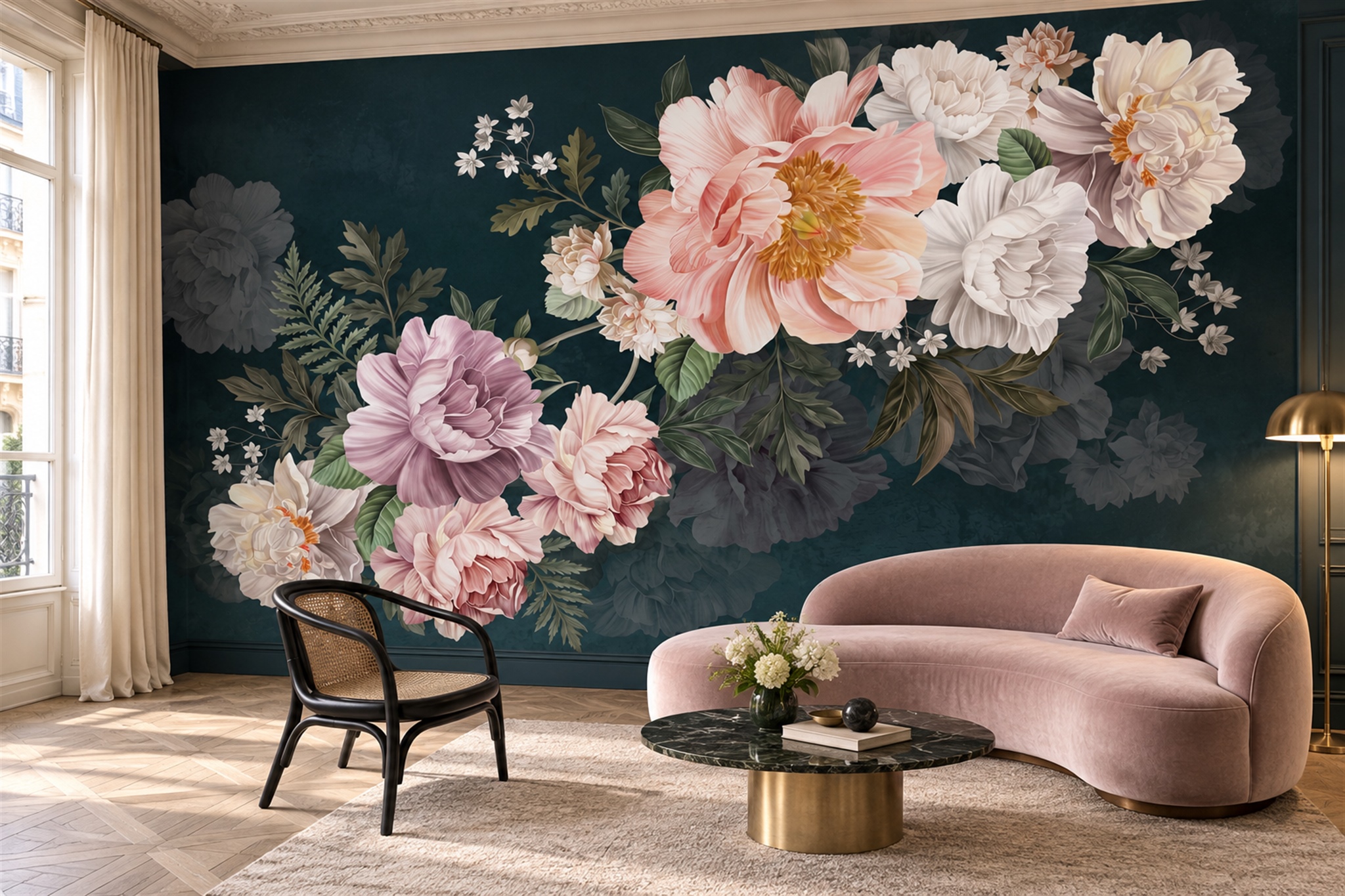 Pink And Ivory Peonies Against Deep Teal Wallpaper Mural — Wallpaper Mural Design, Peel-and-stick Finish