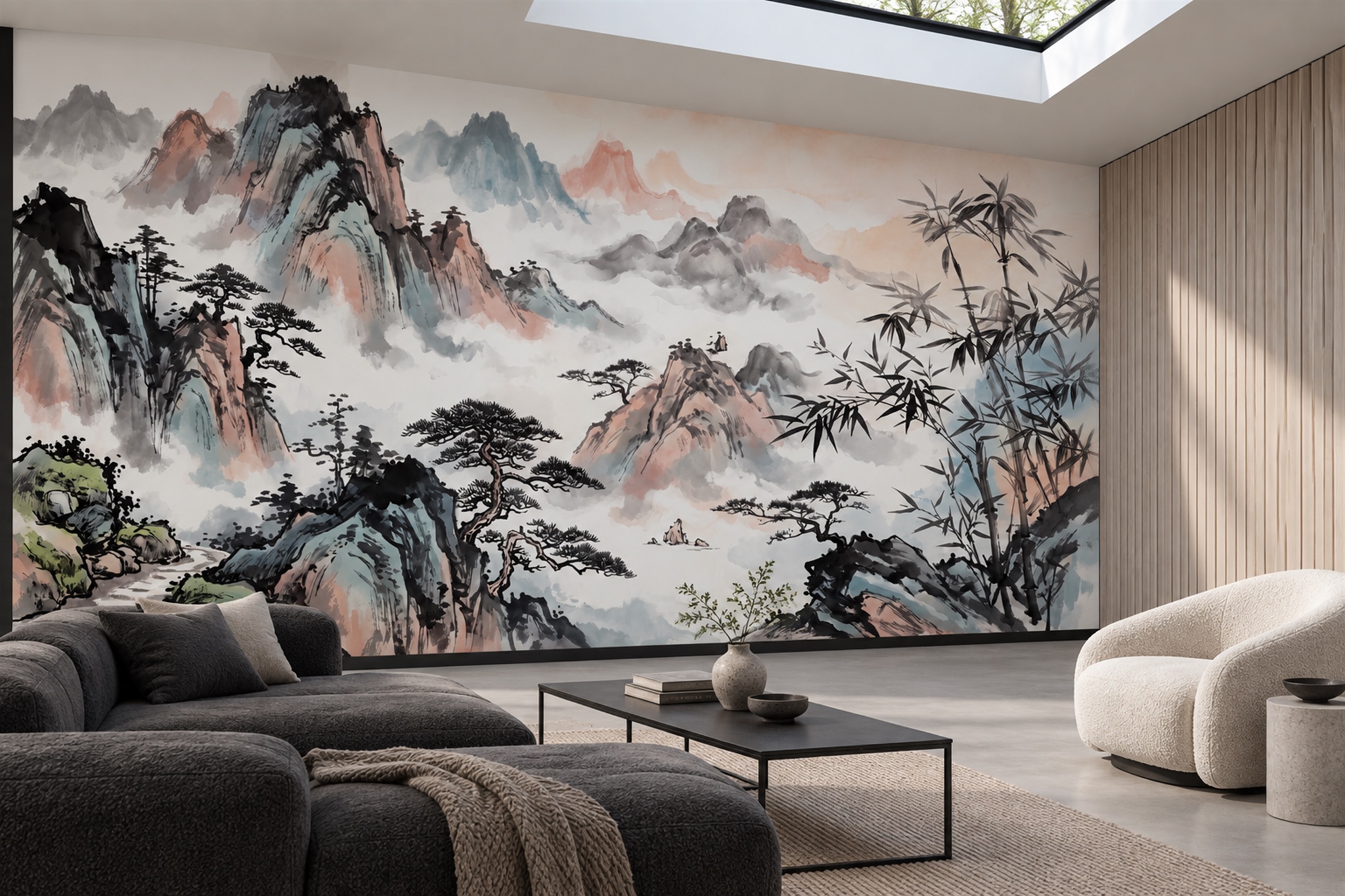 Grey Mountain Scenic Layered Wallpaper Mural Living-room-wallpaper-murals, Shown In A Living Room, Peel-and-stick Finish