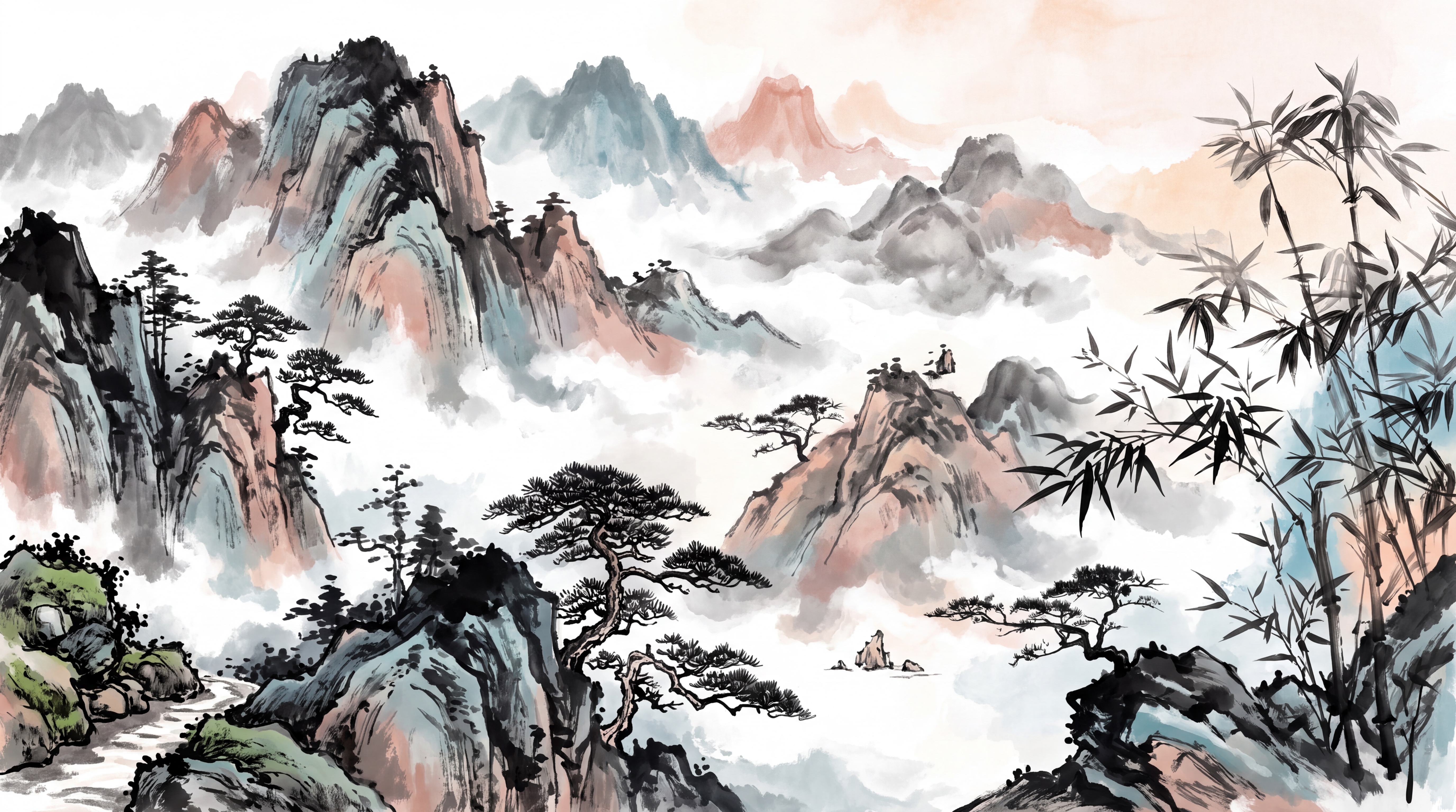 Grey Mountain Scenic Layered Wallpaper Mural, Peel-and-stick Finish