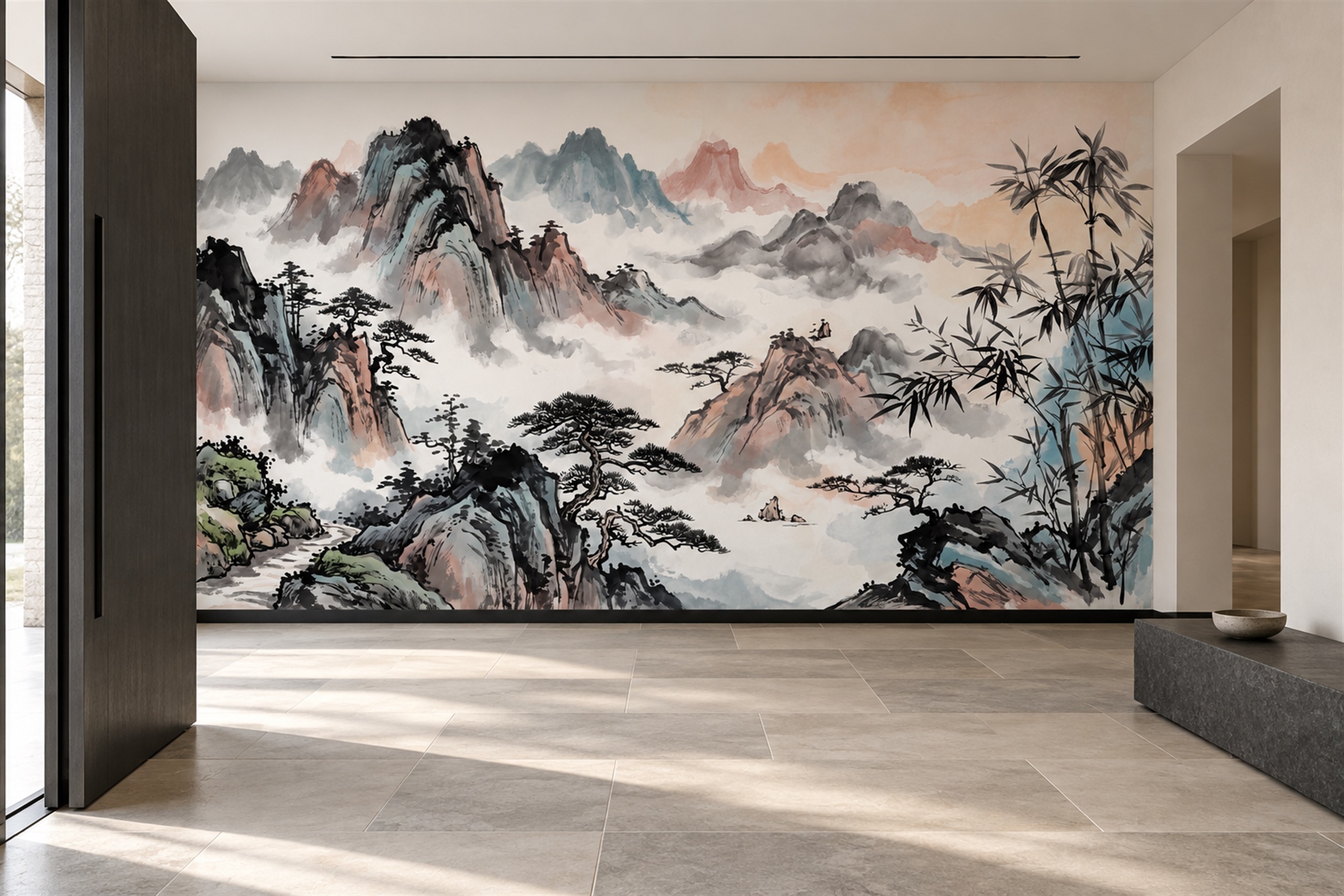 Grey Mountain Scenic Layered Wallpaper Mural Home-office-wallpaper-murals, Peel-and-stick Finish