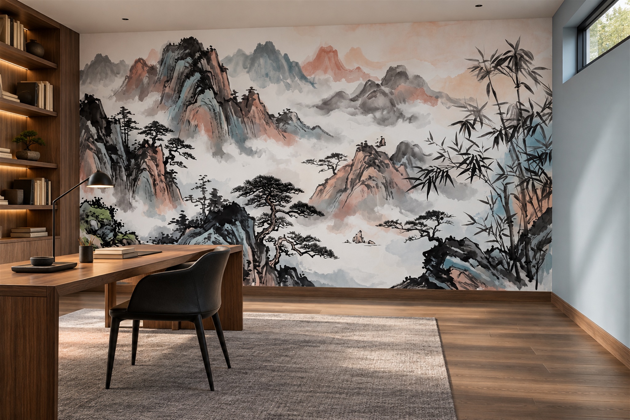 Chinese Ink And Watercolour Mountain Peaks Wallpaper Mural — Wallpaper Mural Design, Peel-and-stick Finish