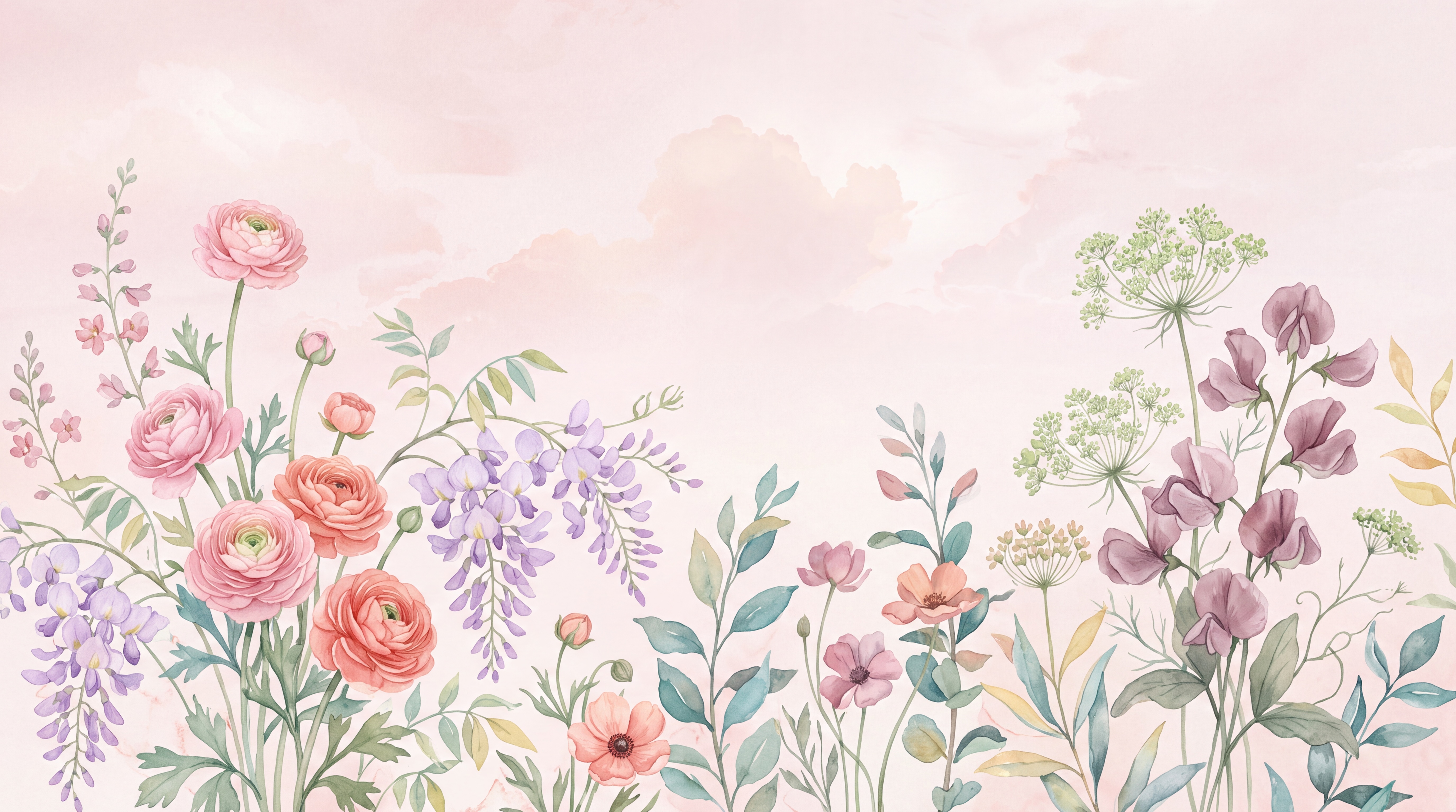 Pink Floral Botanical Layered Wallpaper Mural, Peel-and-stick Finish