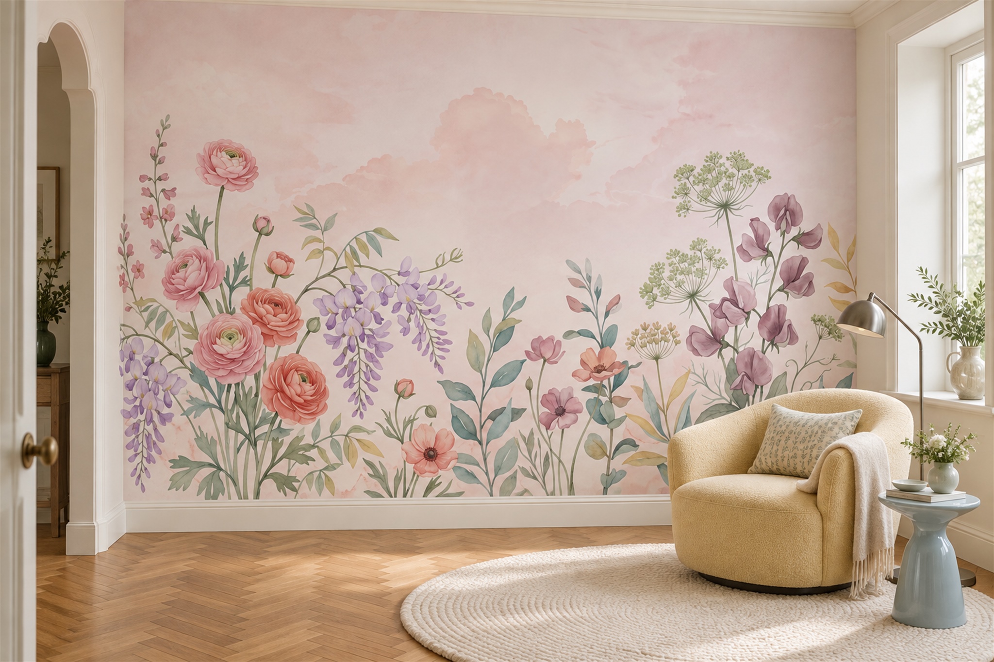 Pink Floral Botanical Layered Wallpaper Mural Home-office-wallpaper-murals, Shown In A Home Office, Peel-and-stick Finish