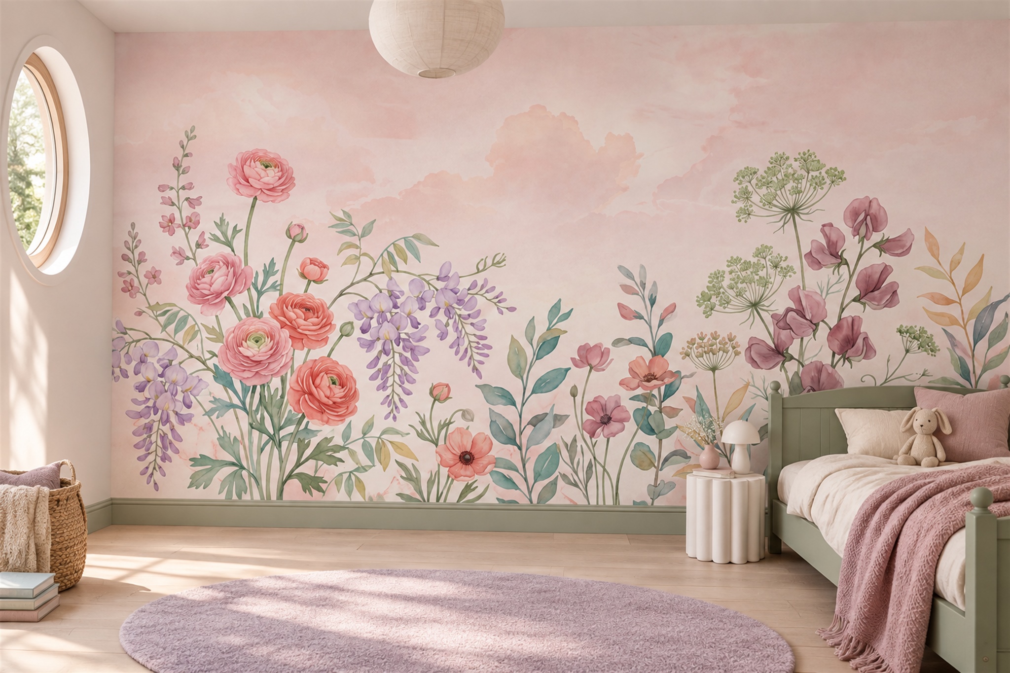 Pink Floral Botanical Layered Wallpaper Mural Dining-room-wallpaper-murals, Peel-and-stick Finish