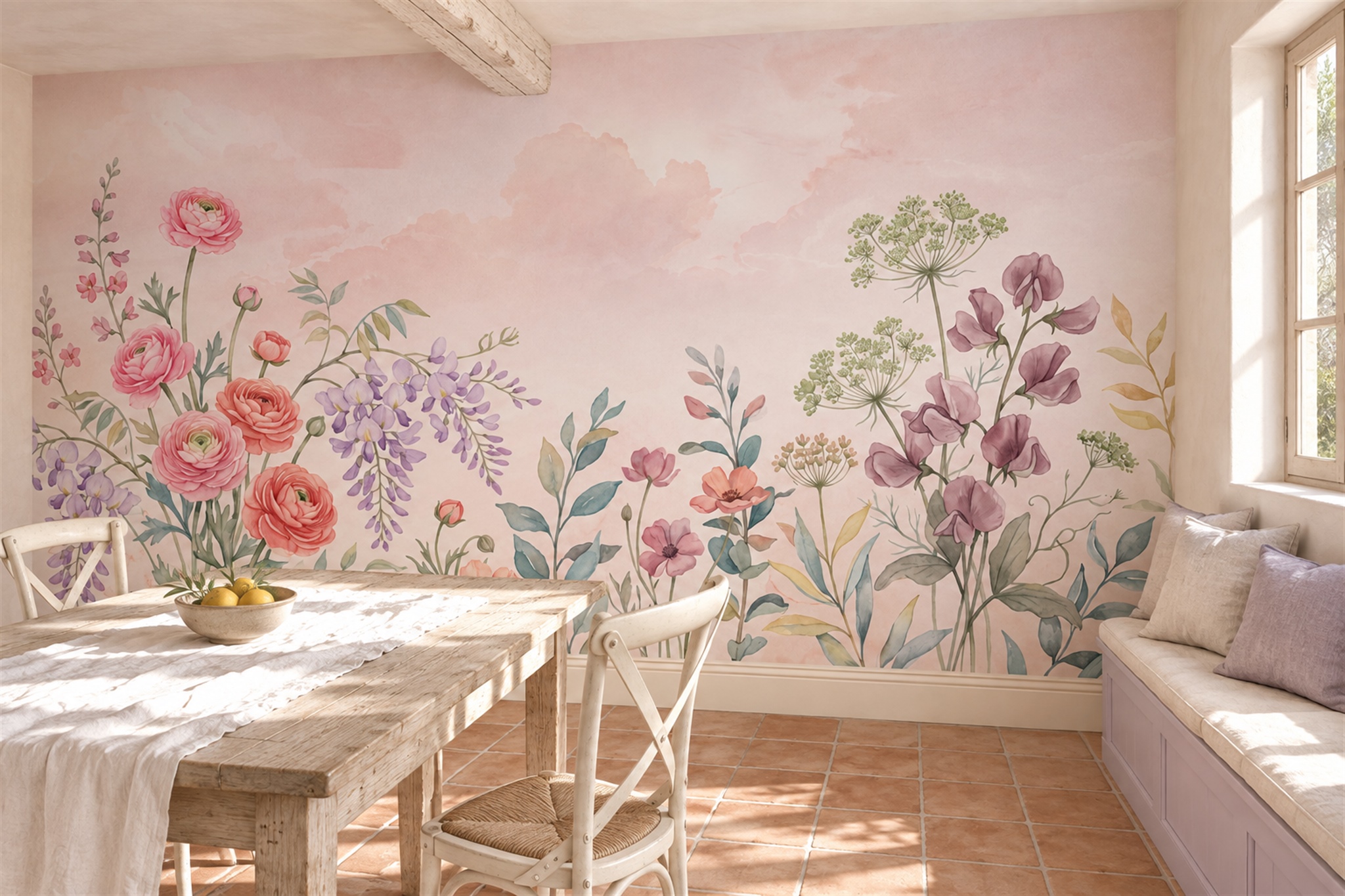 Pink Floral Botanical Layered Wallpaper Mural Dining-room-wallpaper-murals, Peel-and-stick Finish