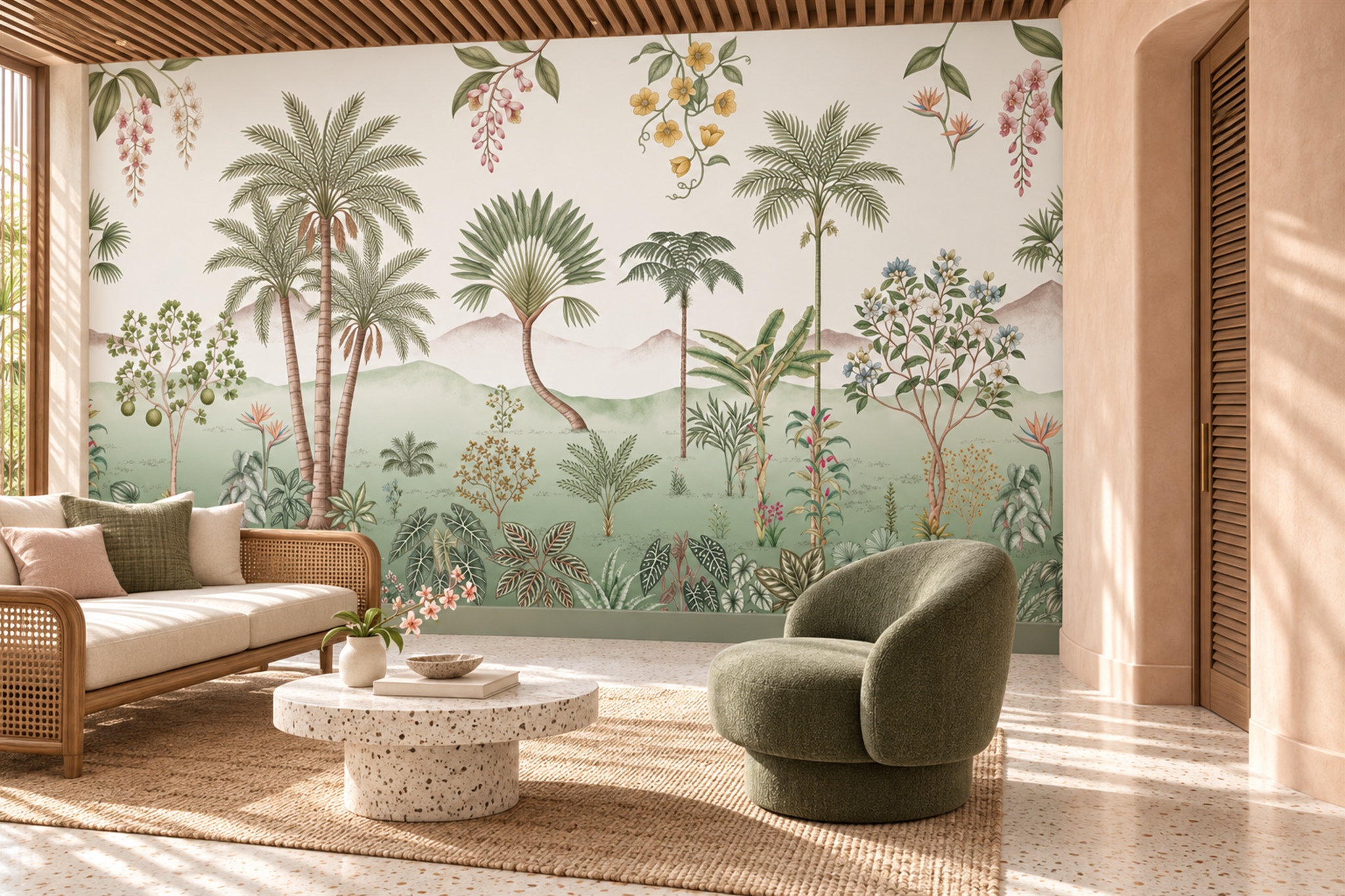 Sage Green Tropical Garden And Palm Foliage Wallpaper Mural — Wallpaper Mural Design, Peel-and-stick Finish