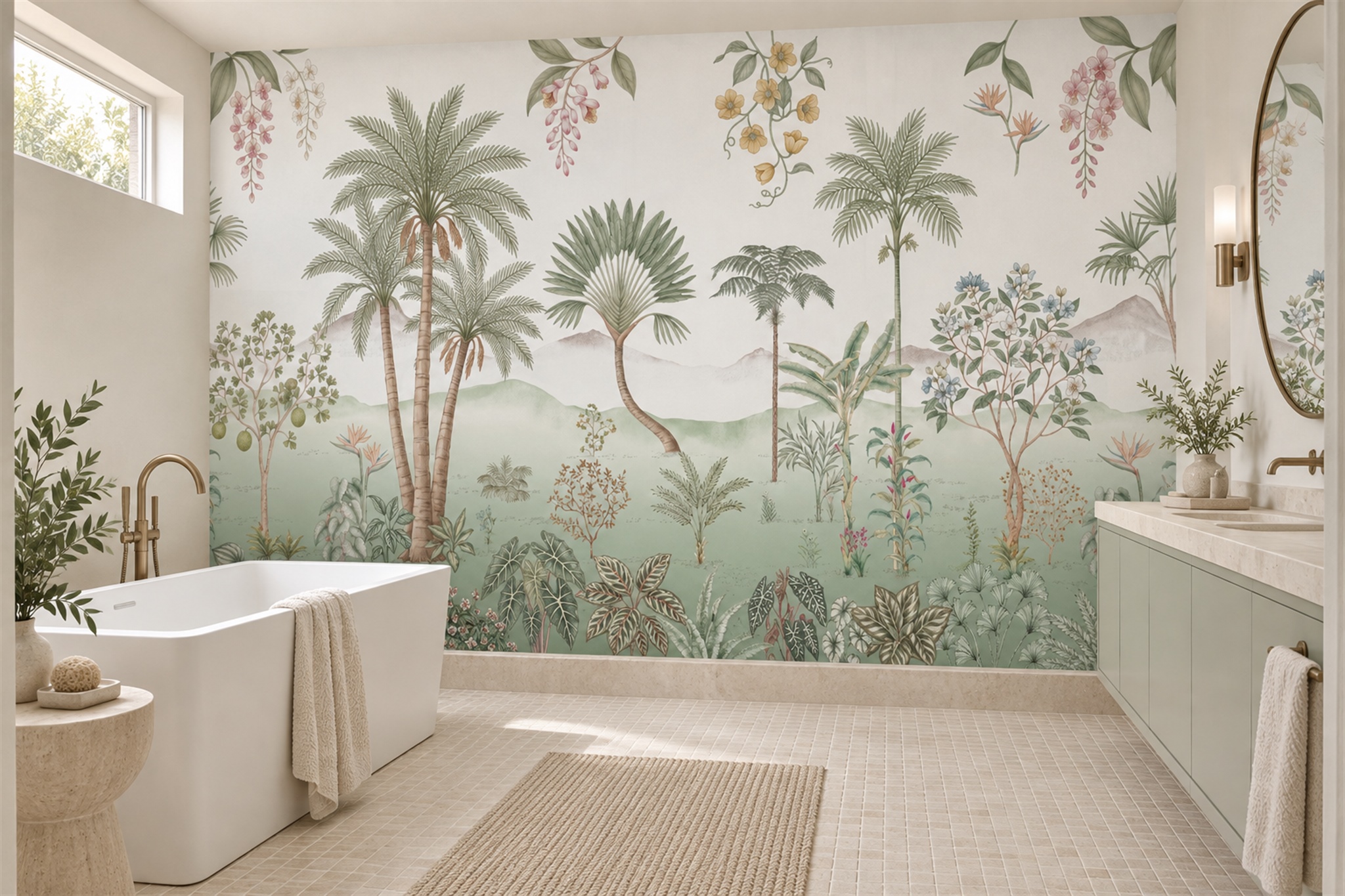 Sage Palm Artful Layered Wallpaper Mural Bathroom-wallpaper-murals, Peel-and-stick Finish