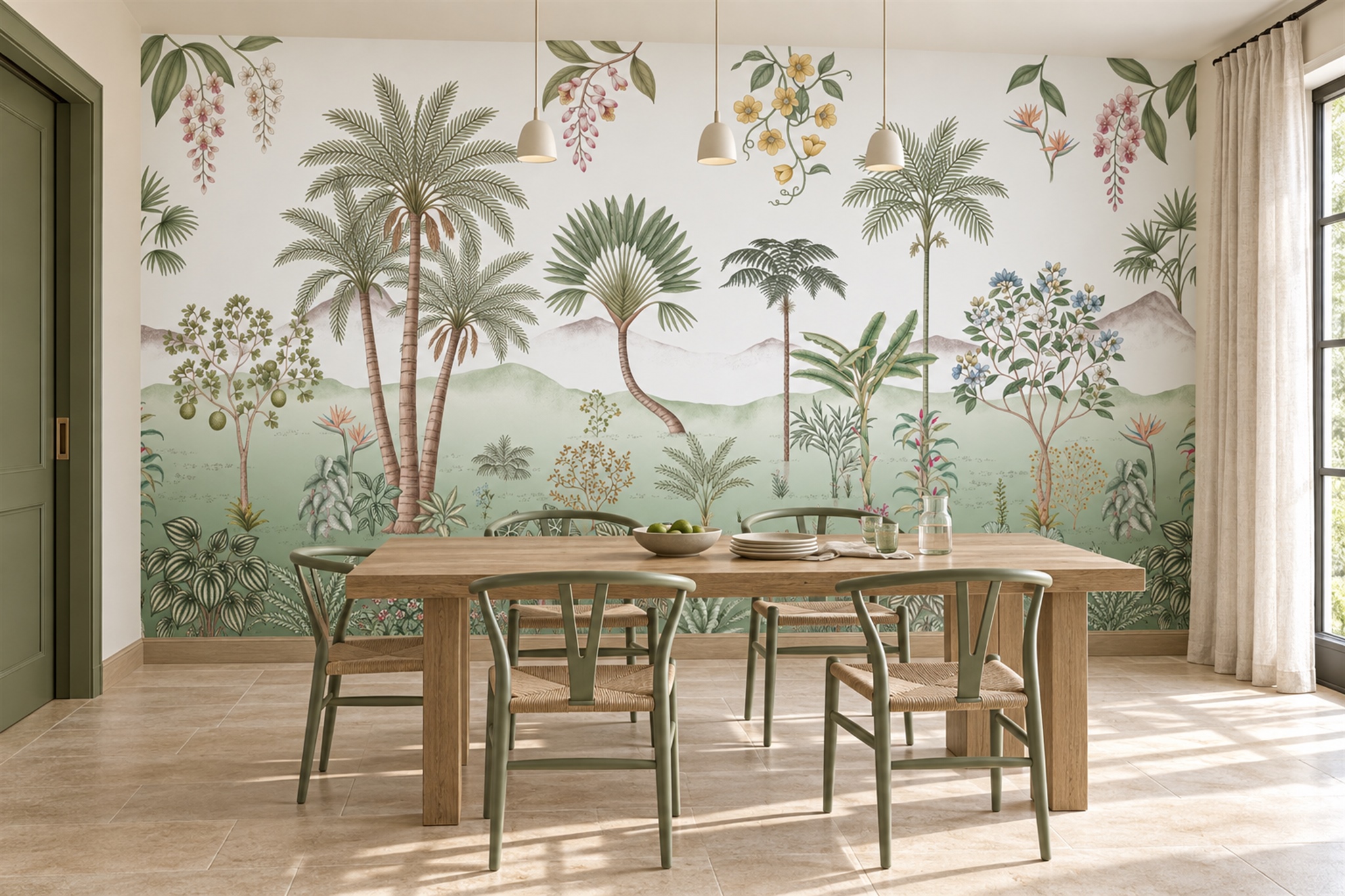 Sage Palm Artful Layered Wallpaper Mural Living-room-wallpaper-murals, Peel-and-stick Finish
