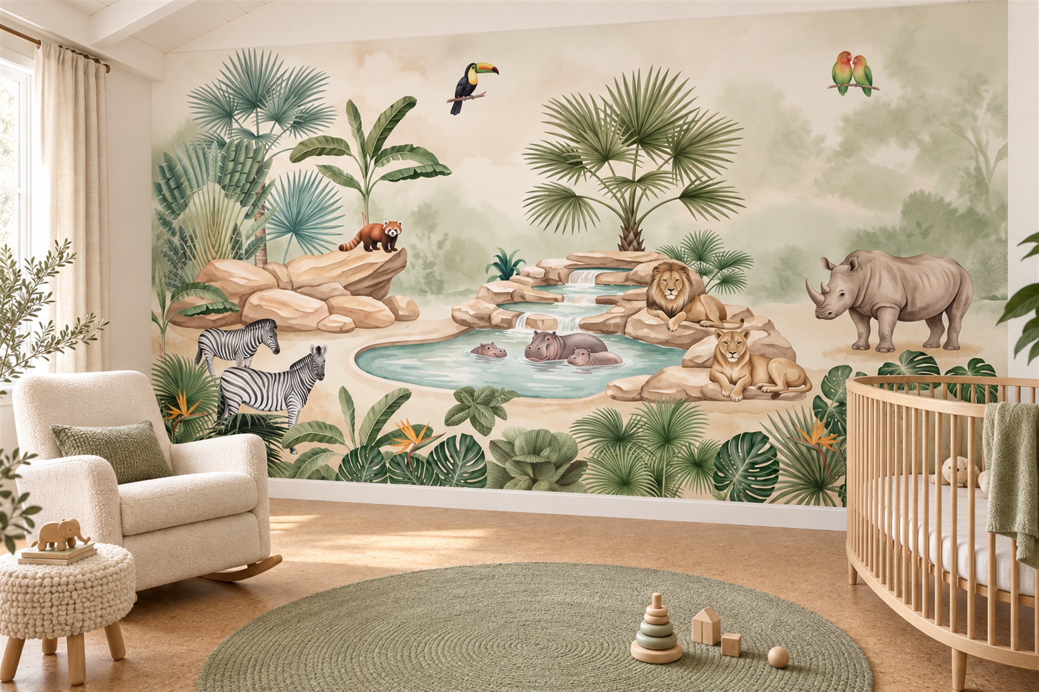 Sage Safari Animals Around A Waterhole Wallpaper Mural — Installed Wallpaper Mural In A Nursery, Peel-and-stick Finish