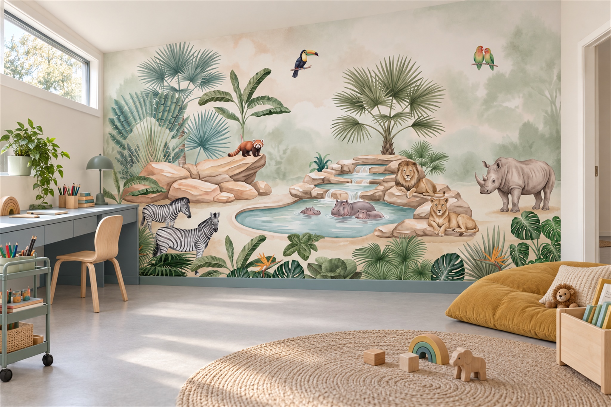 Sage Safari Scenic Wallpaper Mural Home-office-wallpaper-murals, Shown In A Home Office, Peel-and-stick Finish