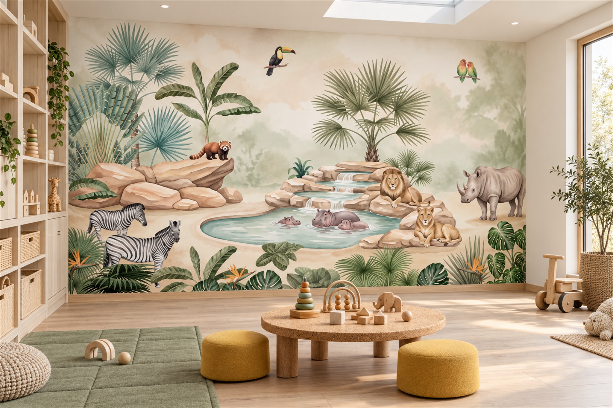 Sage Safari Scenic Wallpaper Mural Nursery-wallpaper-murals, Peel-and-stick Finish
