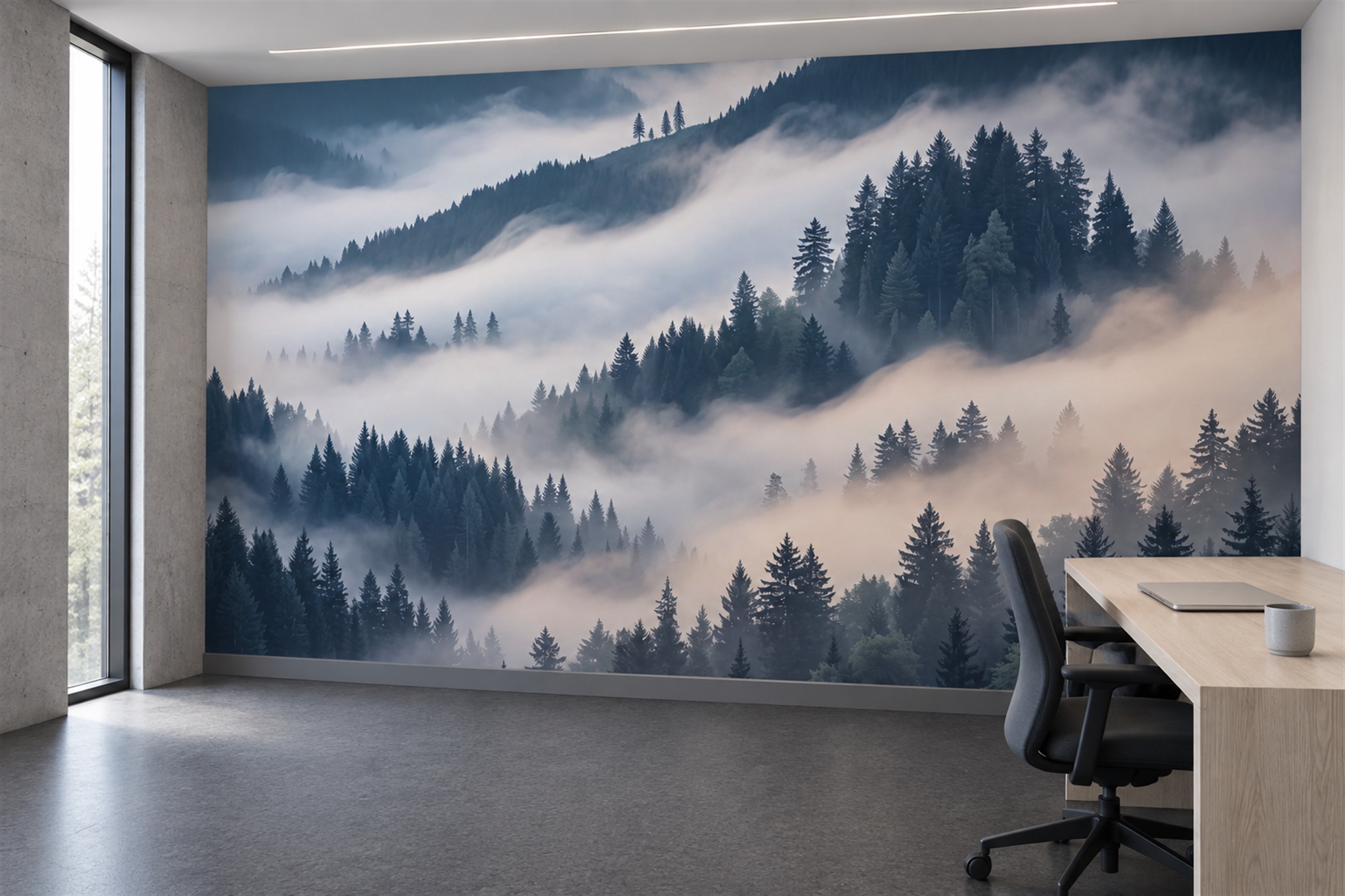 Navy Forest Scenic Wallpaper Mural Home-office-wallpaper-murals, Shown In A Home Office, Peel-and-stick Finish