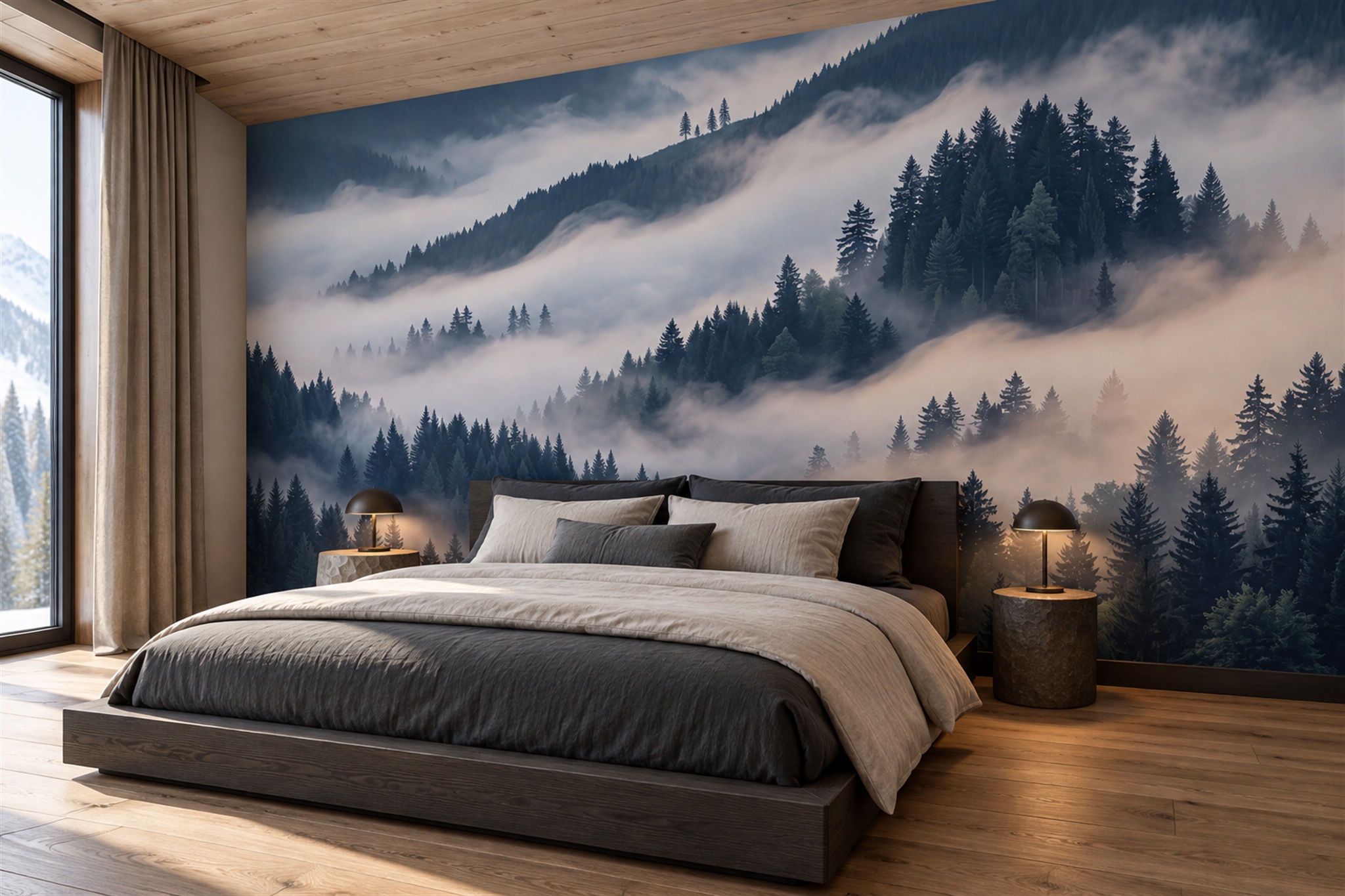 Navy Forest Scenic Wallpaper Mural Feature-wall-wallpaper-murals, Peel-and-stick Finish
