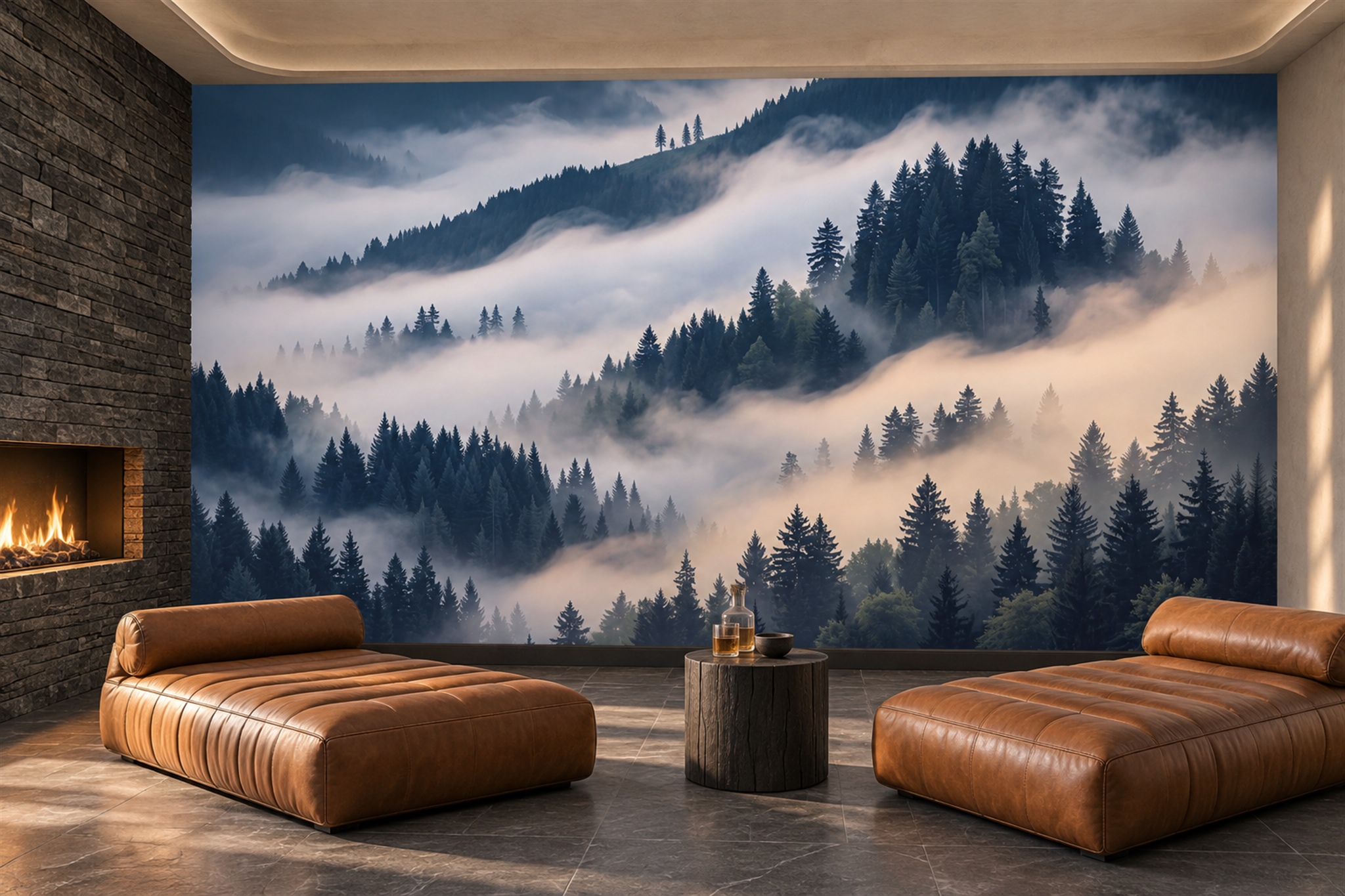 Navy Misty Pine Forest And Mountain Wallpaper Mural — Wallpaper Mural Design, Peel-and-stick Finish
