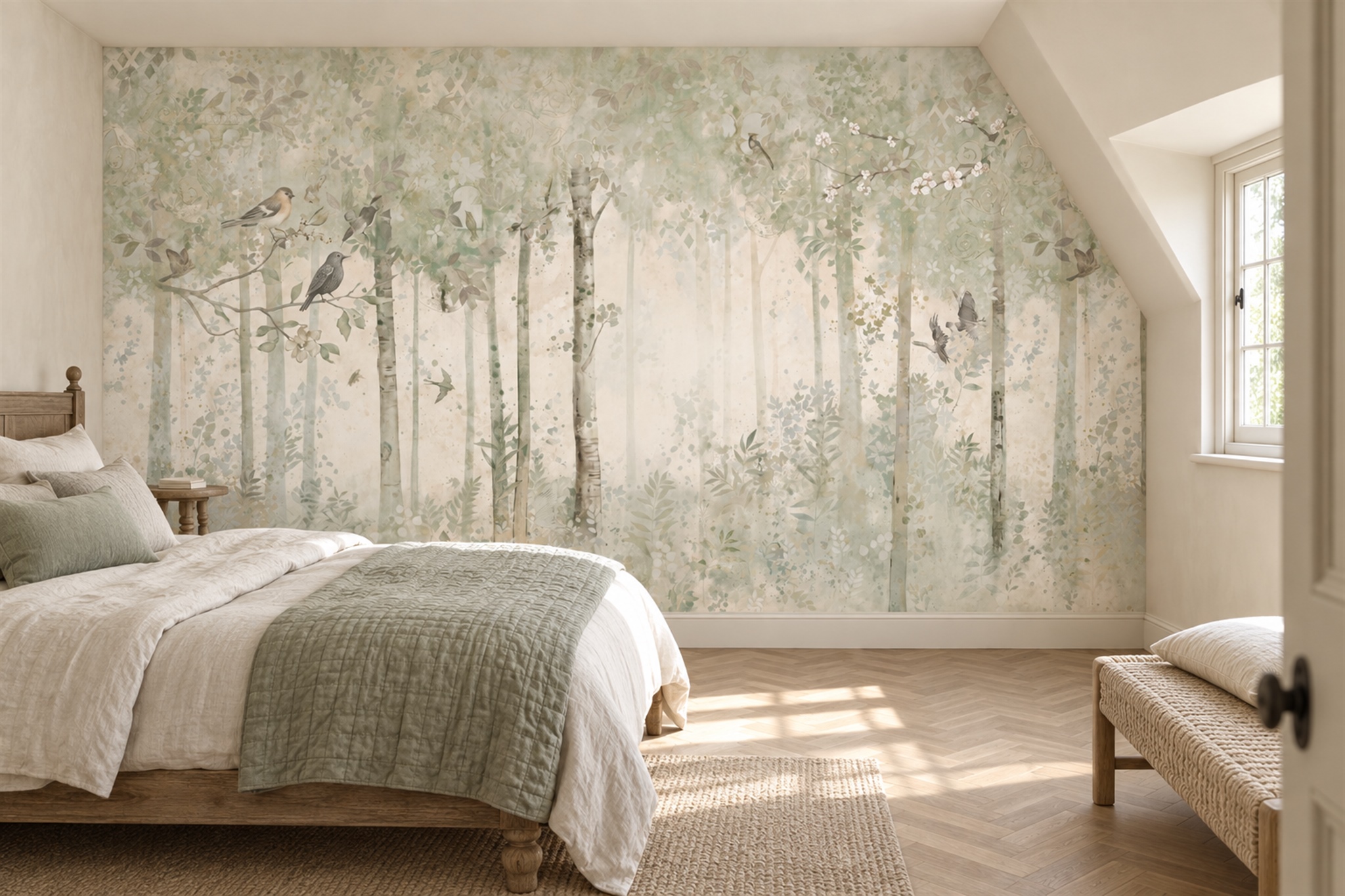 Sage Scenic Scenic Forest Wallpaper Mural Bedroom-wallpaper-murals, Peel-and-stick Finish