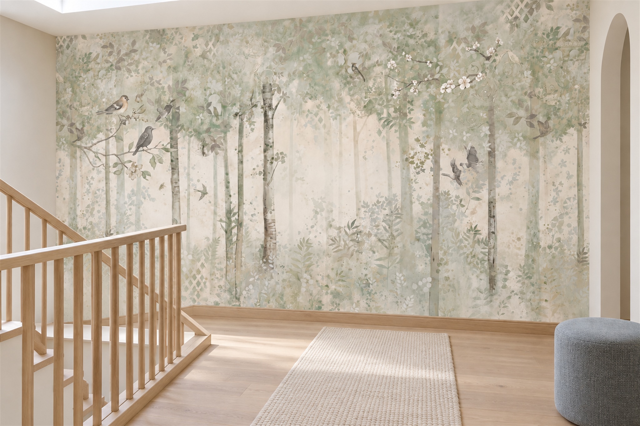 Sage woodland mural with slender trees and birds beside a stair landing