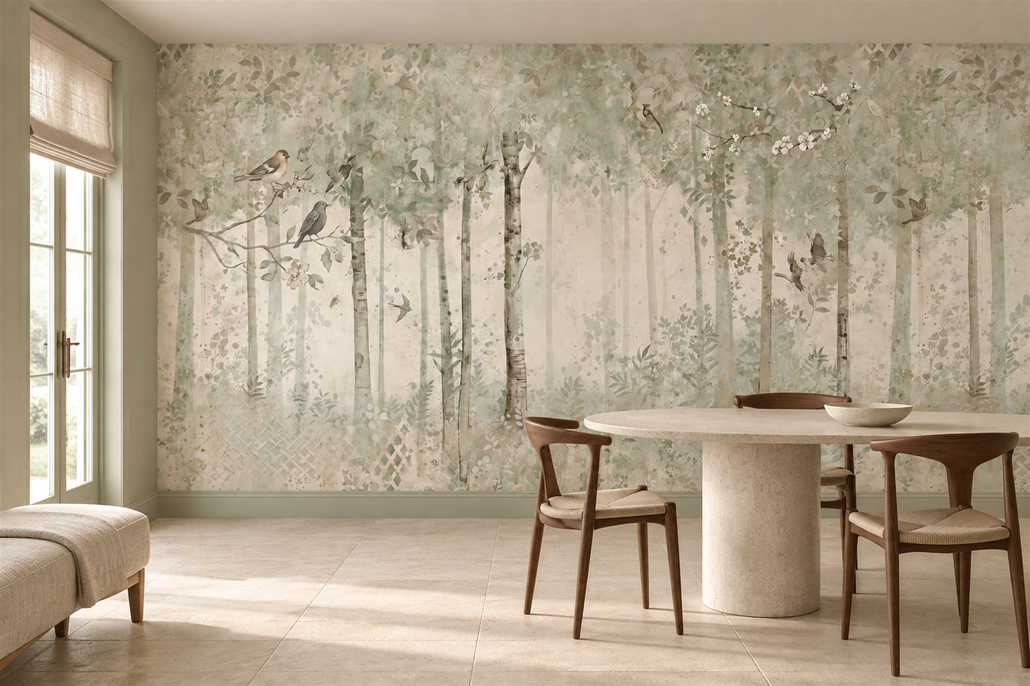 Sage Mist Birch Woodland Wallpaper Mural — Wallpaper Mural Design, Peel-and-stick Finish
