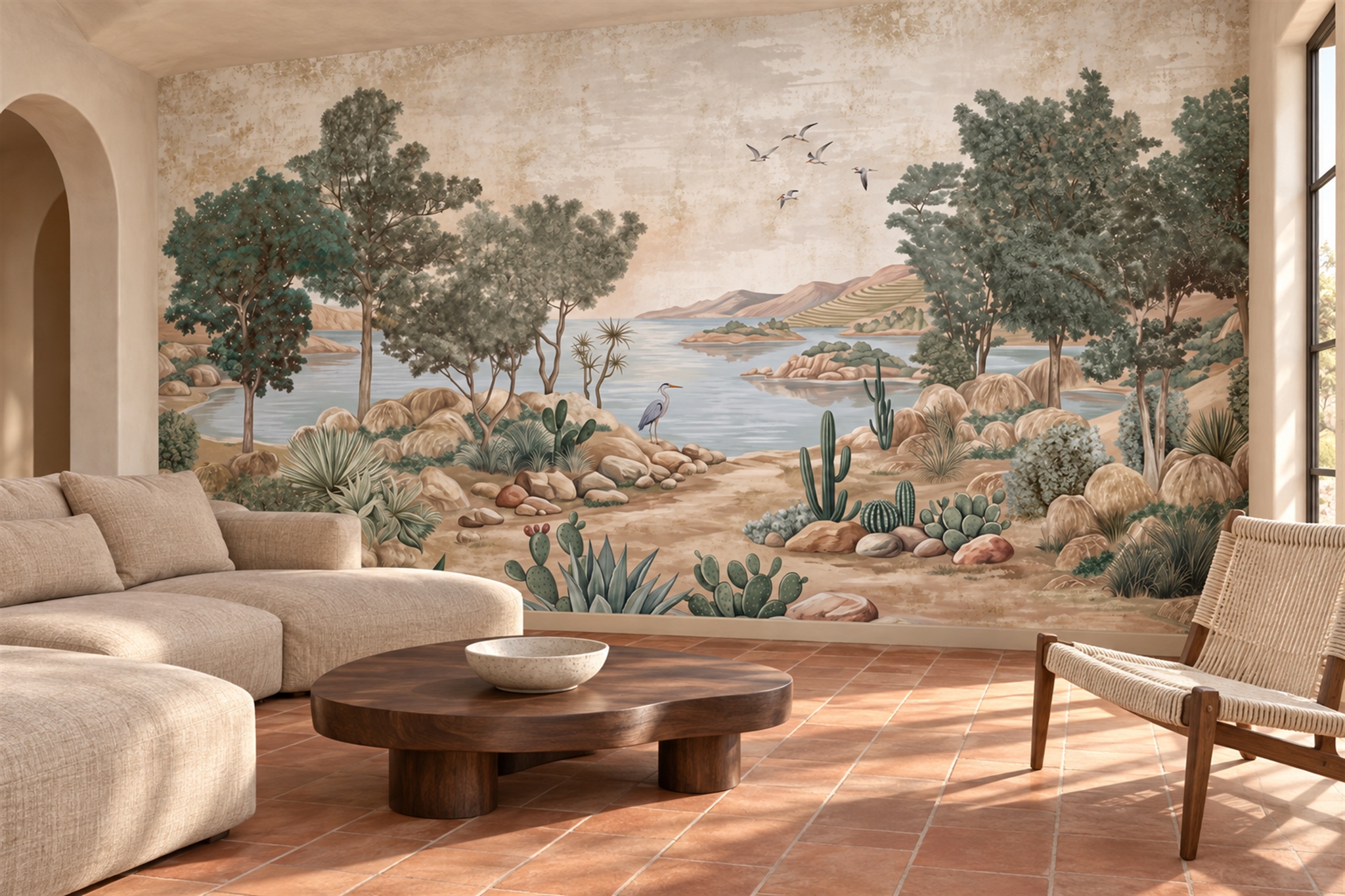 Sage Lake Scenic Watercolour Wallpaper Mural Living-room-wallpaper-murals, Shown In A Living Room, Peel-and-stick Finish
