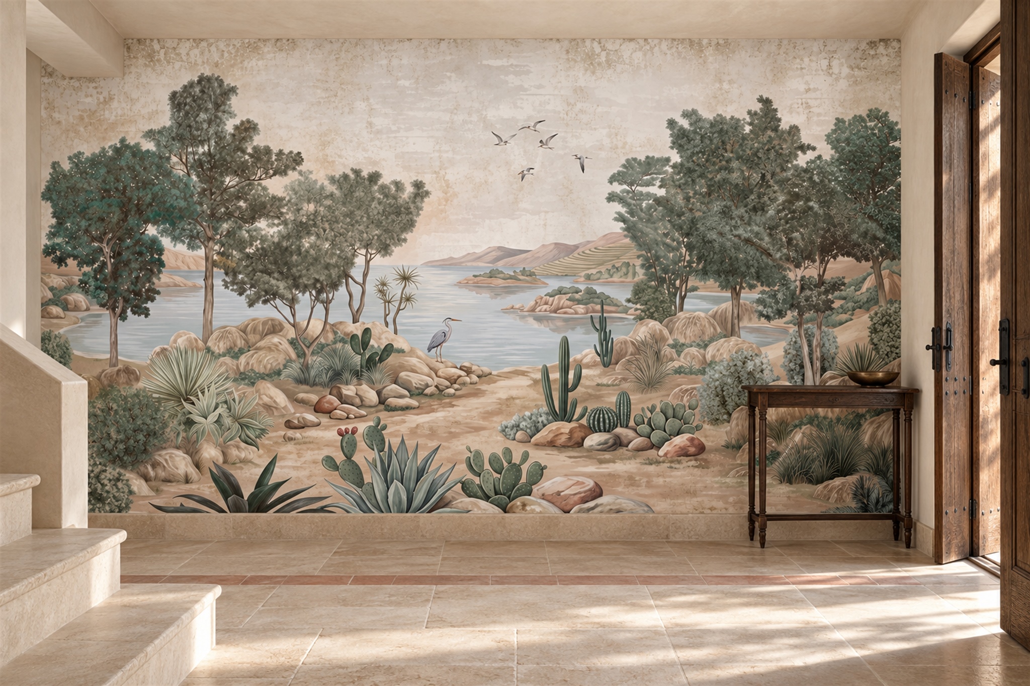 Sage Lake Scenic Watercolour Wallpaper Mural Entryway-wallpaper-murals, Peel-and-stick Finish