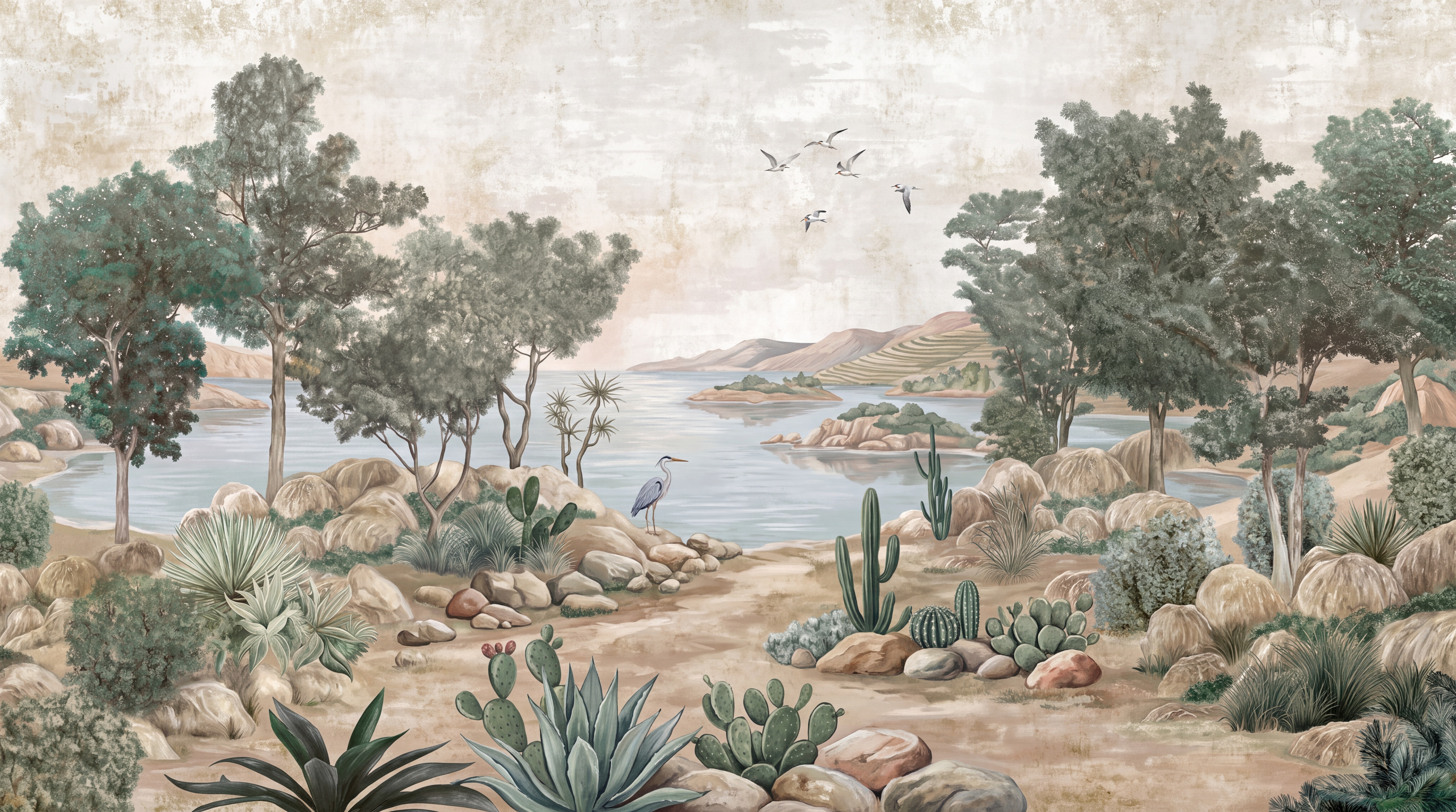 Sage Lake Scenic Watercolour Wallpaper Mural Dining-room-wallpaper-murals, Peel-and-stick Finish