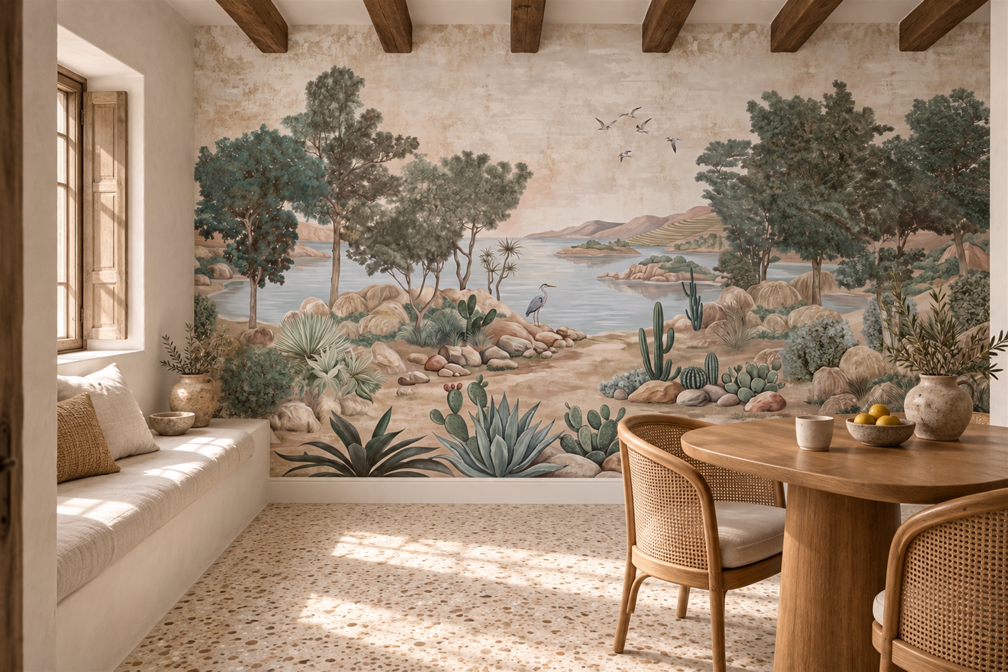 Sage Lake Scenic Watercolour Wallpaper Mural Dining-room-wallpaper-murals, Peel-and-stick Finish