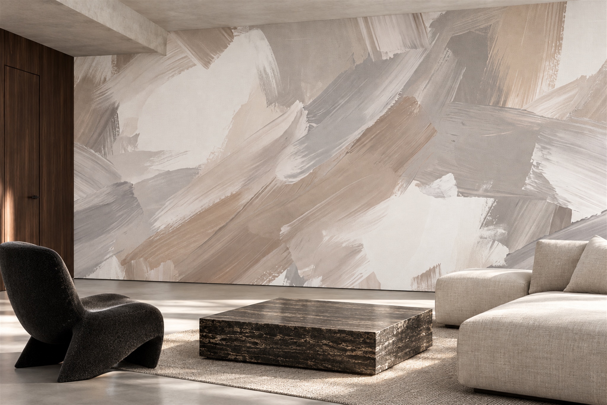 Beige Brushstroke Artful Wallpaper Mural Living-room-wallpaper-murals, Peel-and-stick Finish