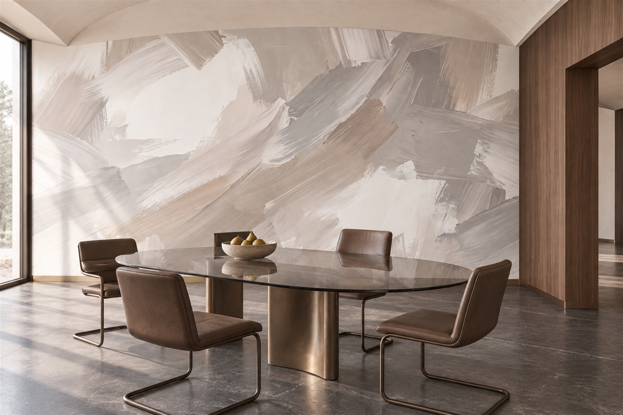 Beige Brushstroke Artful Wallpaper Mural Dining-room-wallpaper-murals, Shown In A Dining Room, Peel-and-stick Finish