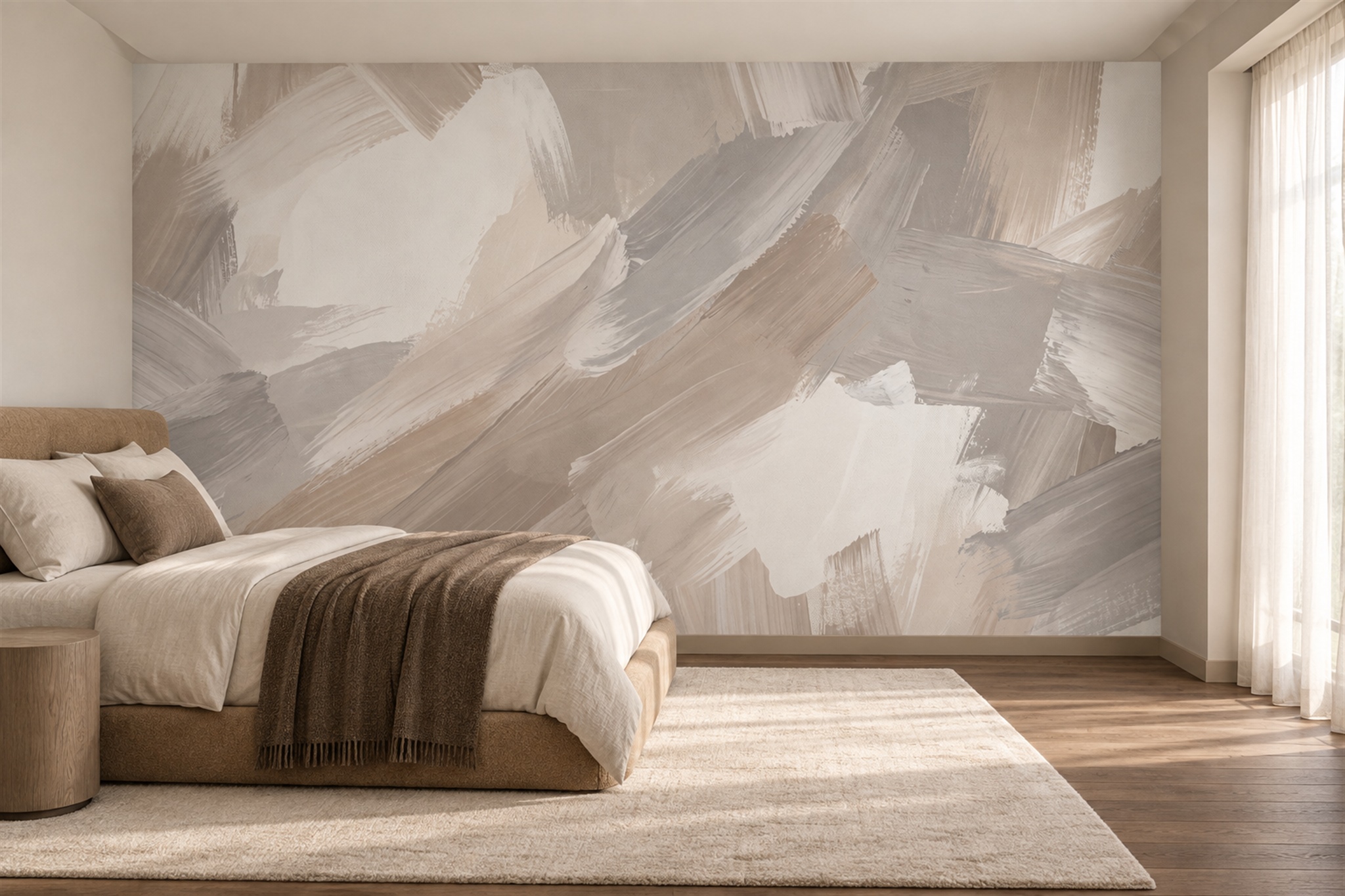 Beige Brushstroke Artful Wallpaper Mural Living-room-wallpaper-murals, Peel-and-stick Finish