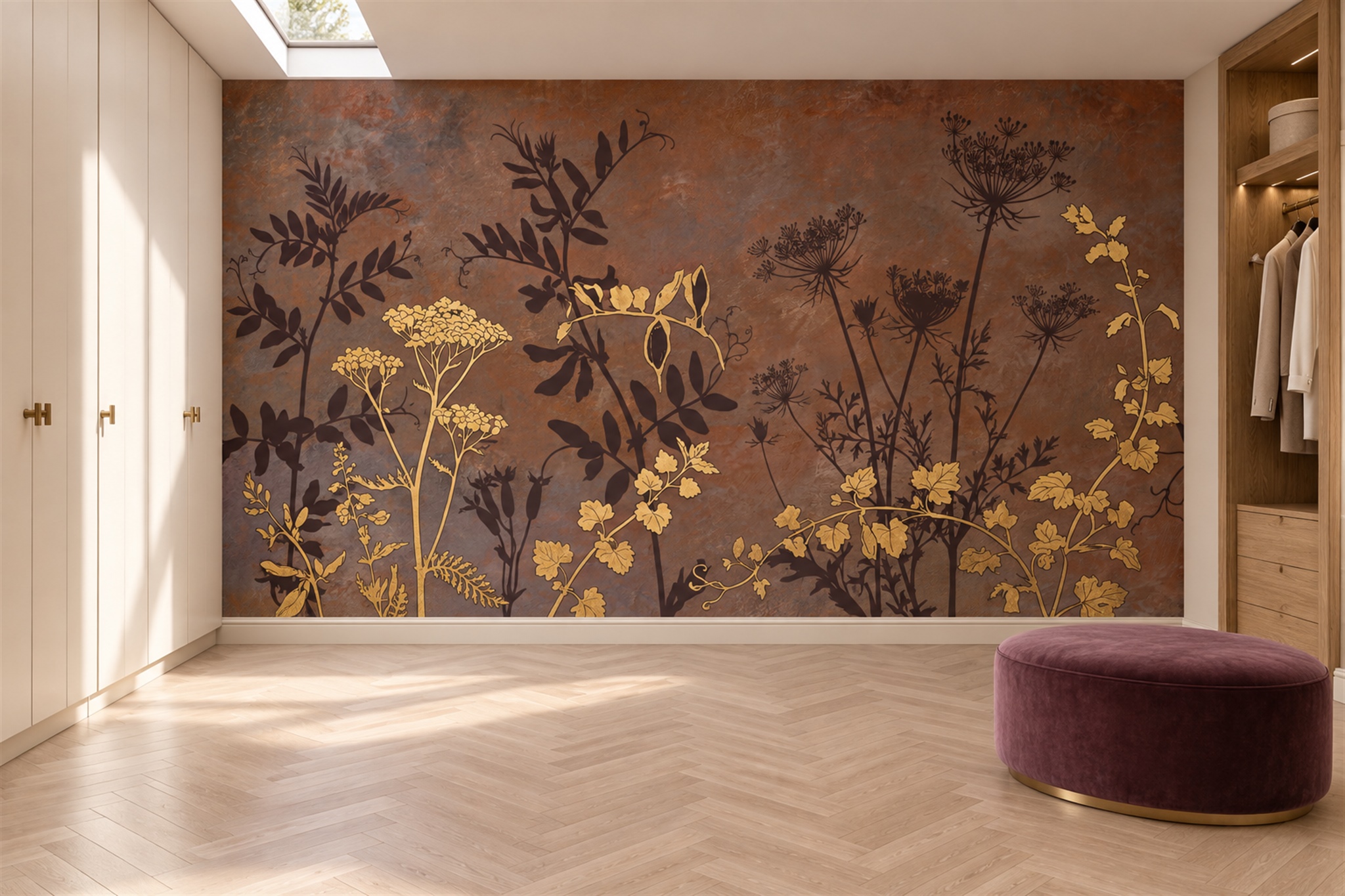 Rust Botanical Botanical Wallpaper Mural Accent-wall-wallpaper-murals, Peel-and-stick Finish