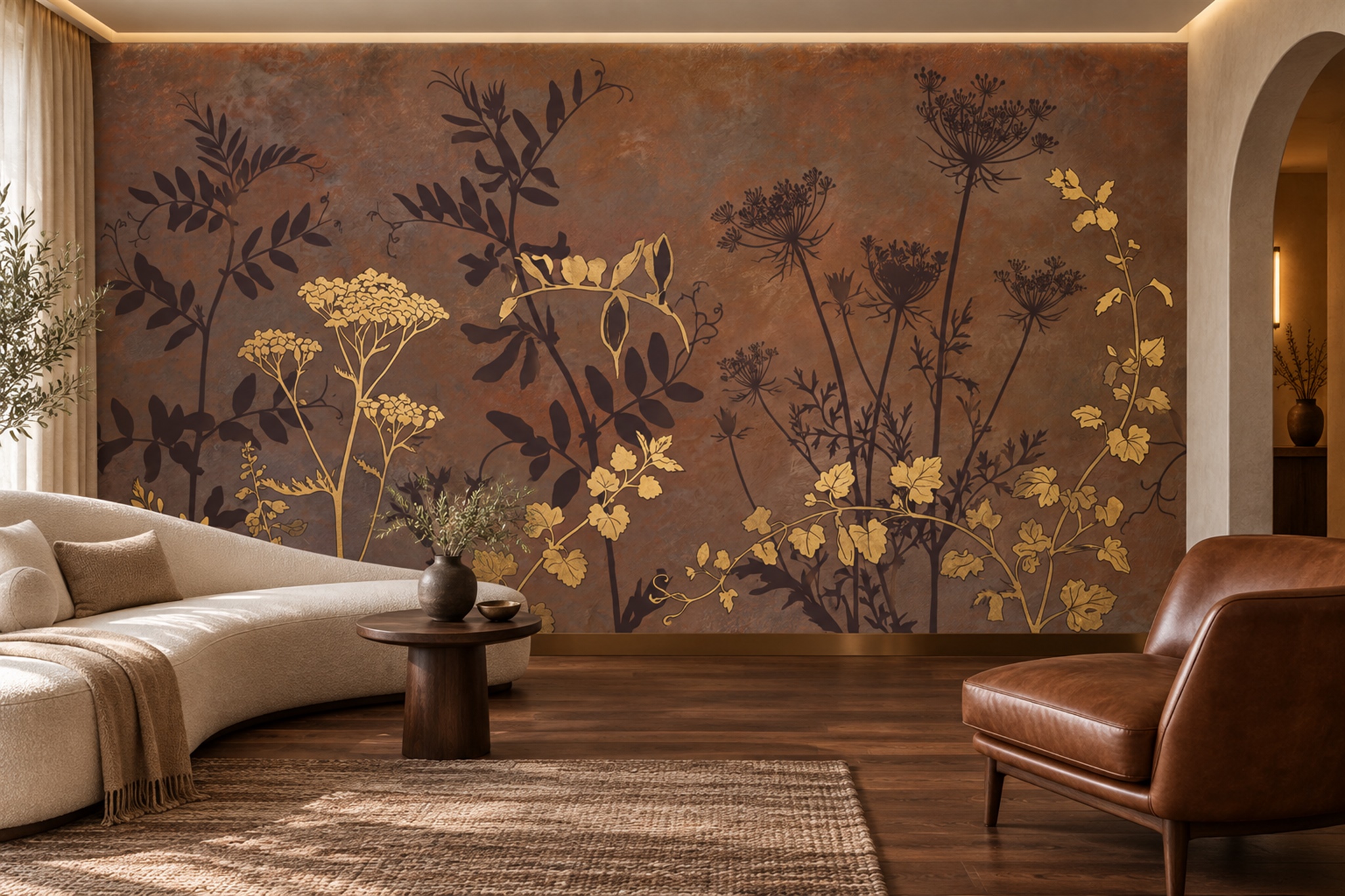Rust Botanical Botanical Wallpaper Mural Accent-wall-wallpaper-murals, Peel-and-stick Finish