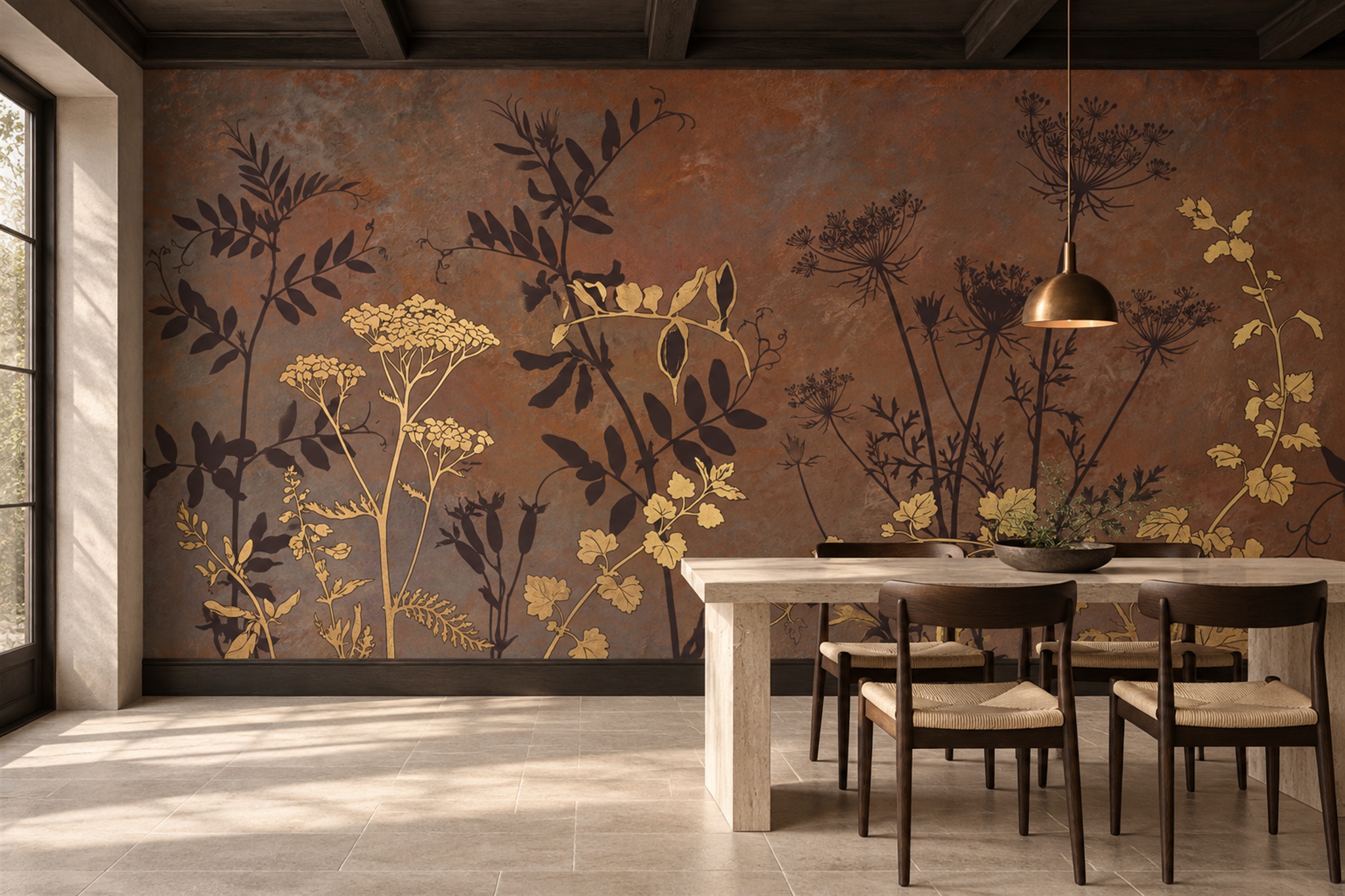 Rust Botanical Botanical Wallpaper Mural Accent-wall-wallpaper-murals, Peel-and-stick Finish