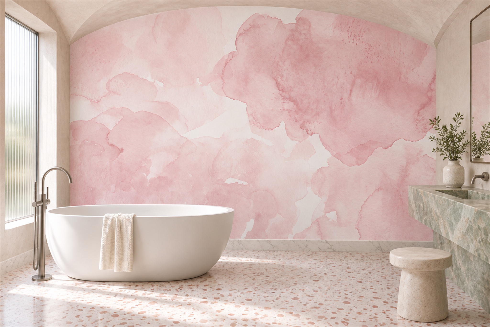 Pink Washed Artful Abstract Wallpaper Mural Bathroom-wallpaper-murals, Peel-and-stick Finish