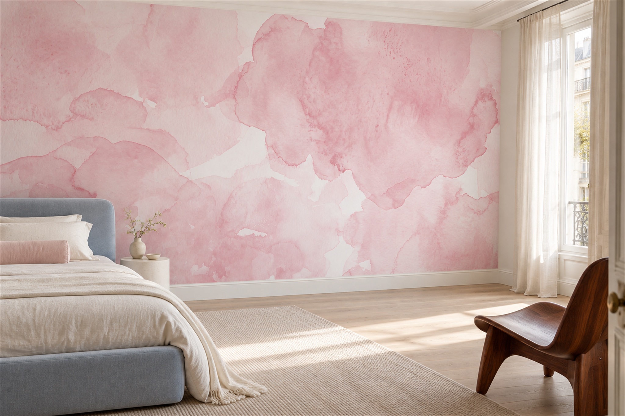 Pink Washed Artful Abstract Wallpaper Mural Bedroom-wallpaper-murals, Peel-and-stick Finish