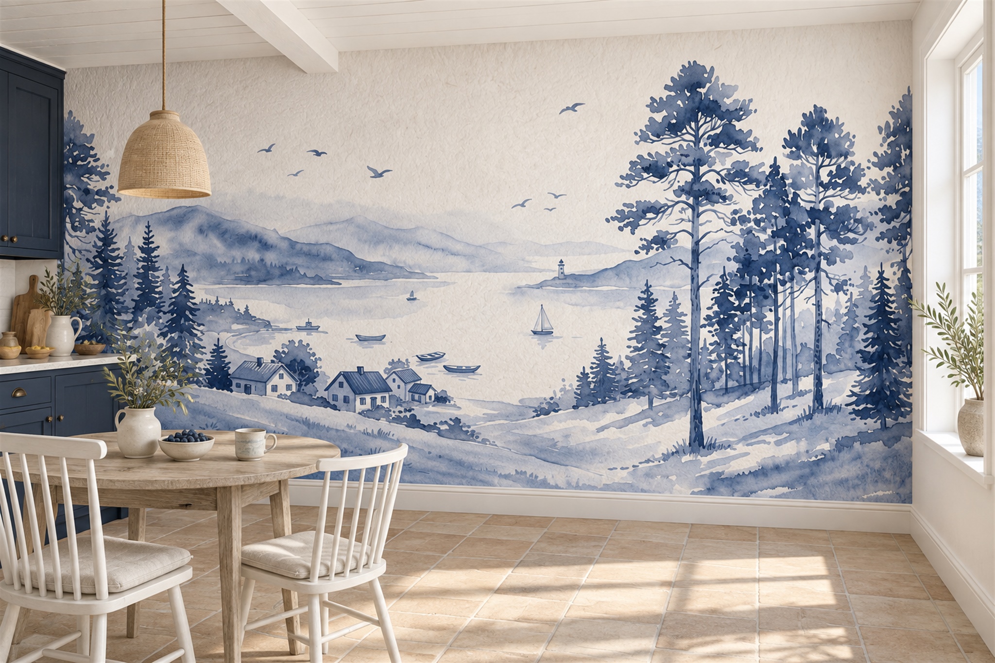 Blue Scenic Scenic Decorative Wallpaper Mural Dining-room-wallpaper-murals, Peel-and-stick Finish