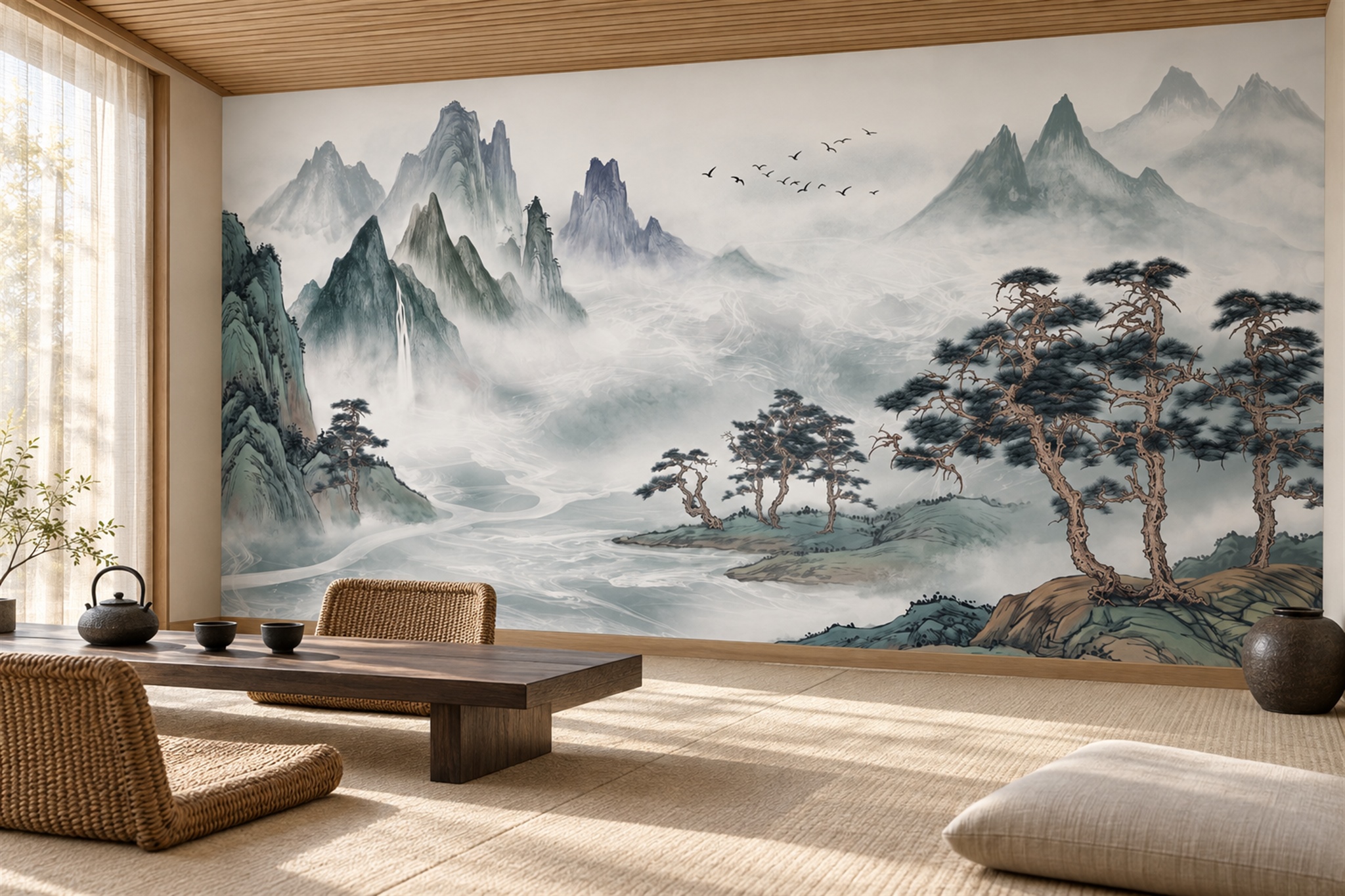 Sage Mountain Scenic Decorative Wallpaper Mural Accent-wall-wallpaper-murals, Peel-and-stick Finish
