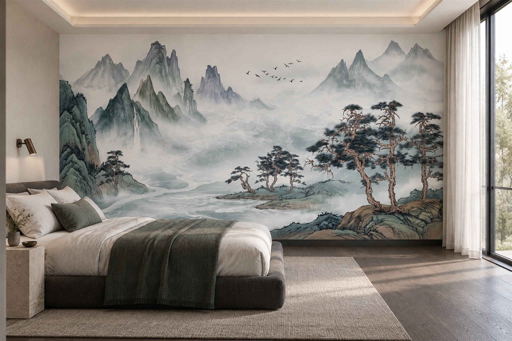 Sage Mountain Scenic Decorative Wallpaper Mural Bedroom-wallpaper-murals, Peel-and-stick Finish
