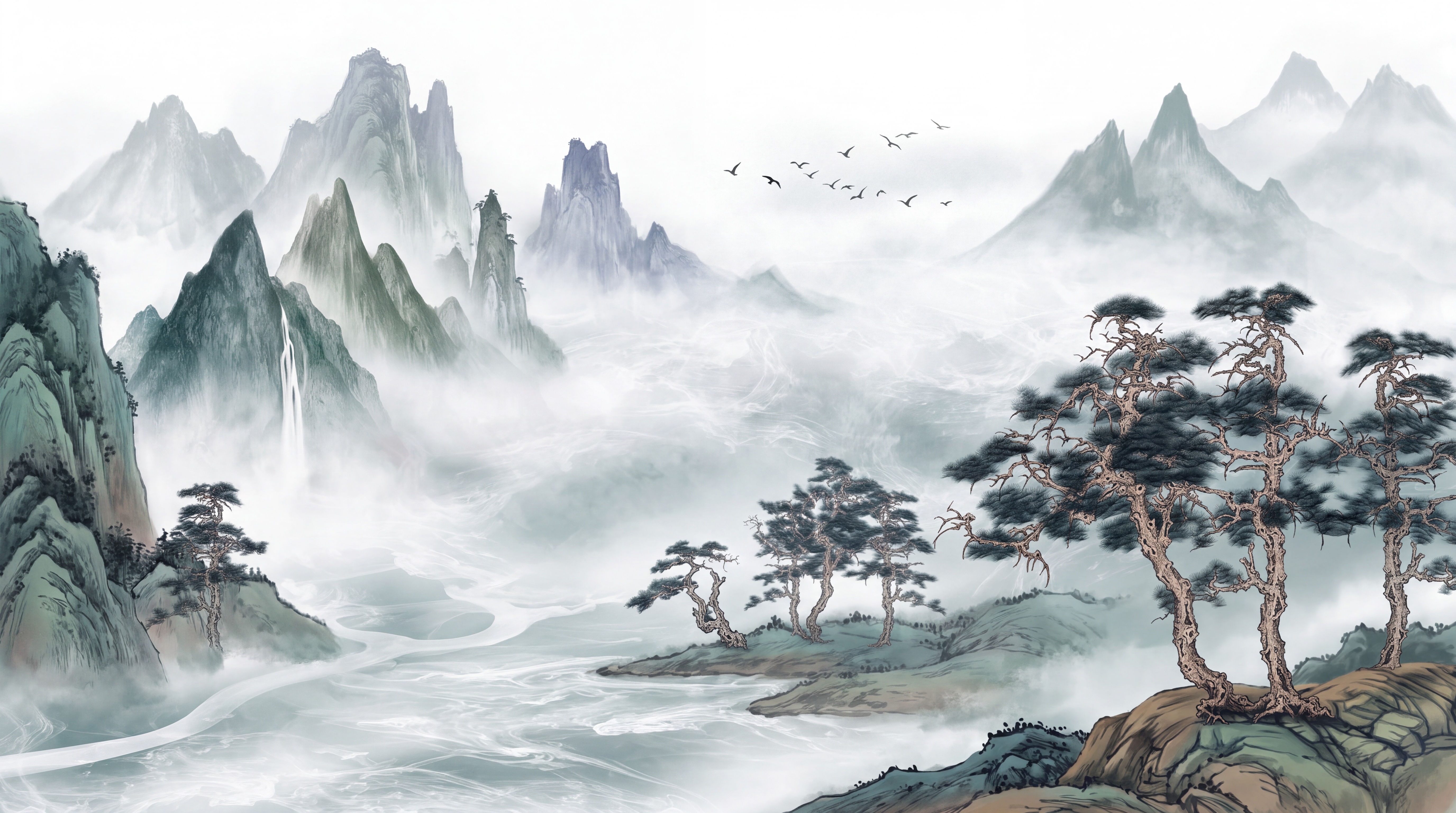 Sage Mountain Scenic Decorative Wallpaper Mural, Peel-and-stick Finish