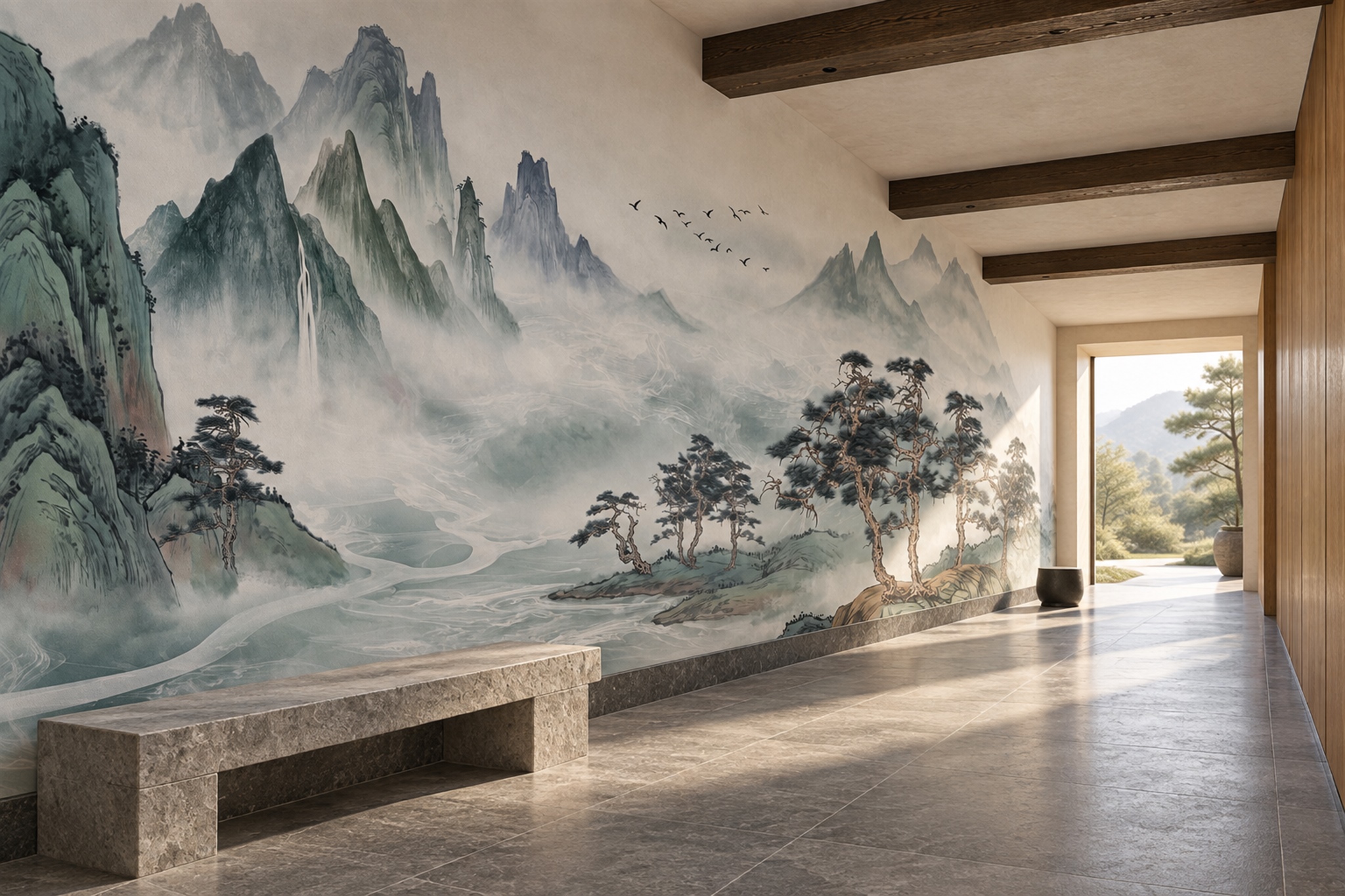 Sage Mountain Scenic Decorative Wallpaper Mural Accent-wall-wallpaper-murals, Peel-and-stick Finish