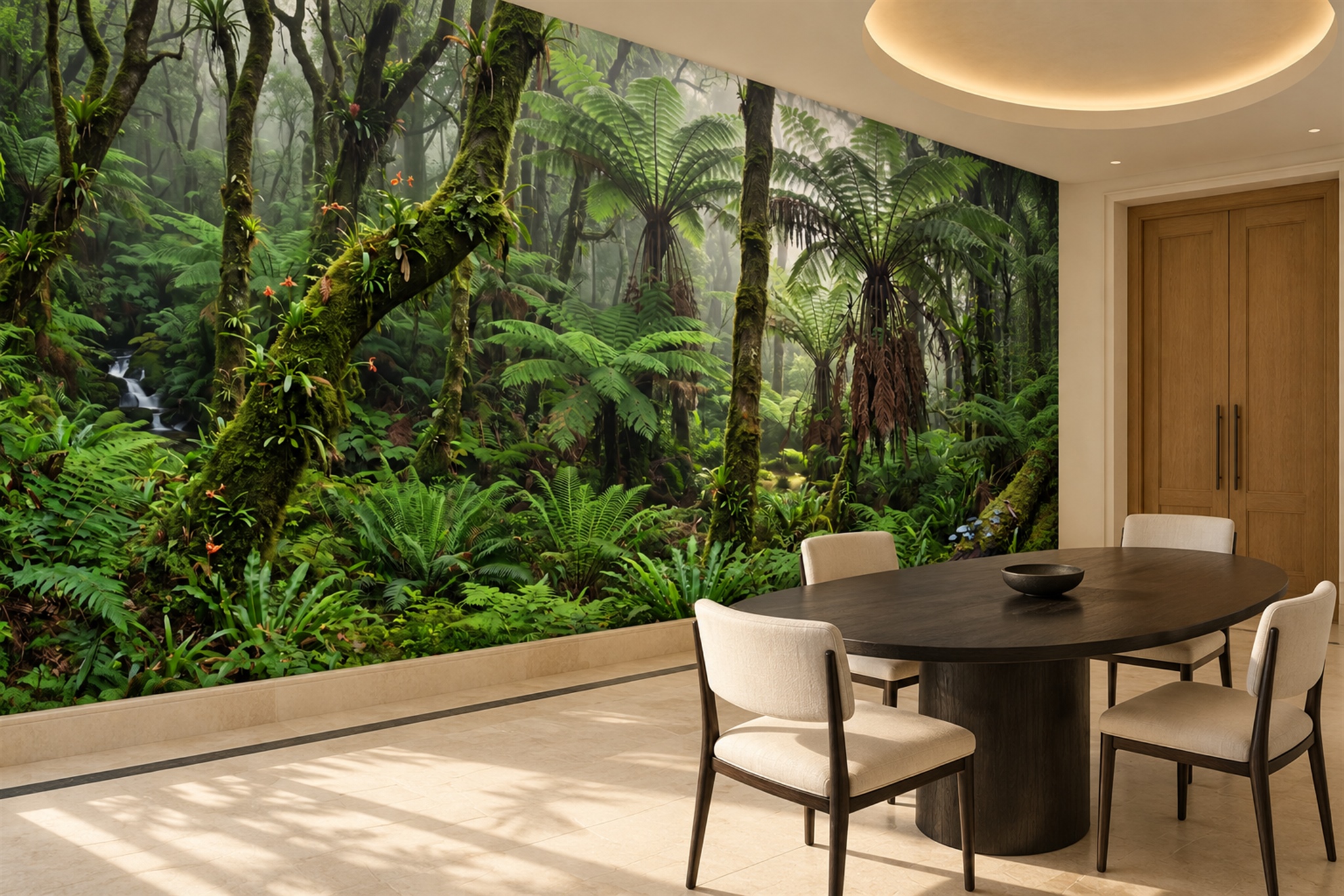 Green Tropical Artful Illustrated Wallpaper Mural Dining-room-wallpaper-murals, Shown In A Dining Room, Peel-and-stick Finish