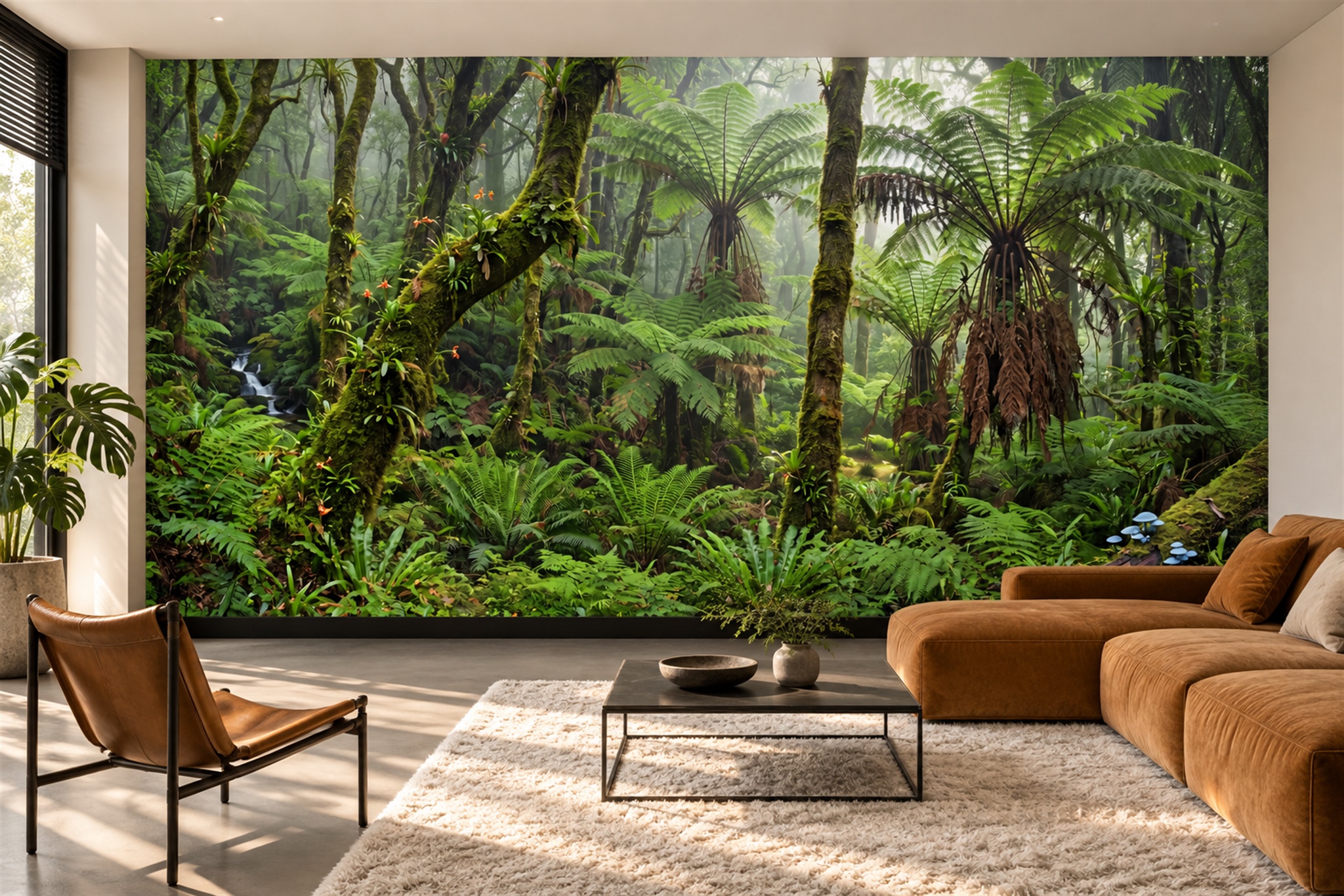 Green Tropical Artful Illustrated Wallpaper Mural Accent-wall-wallpaper-murals, Peel-and-stick Finish