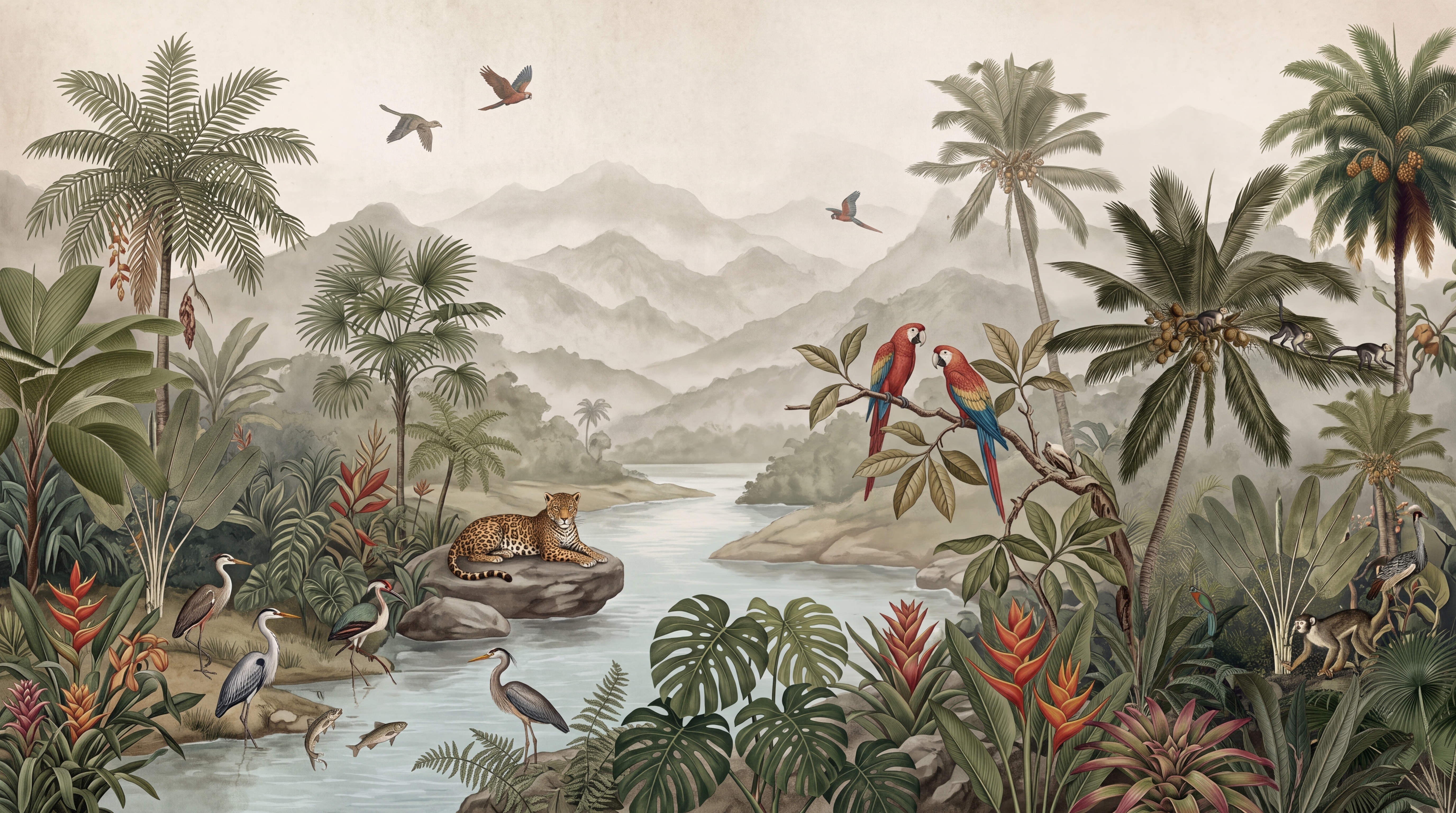 Olive Tropical Artful Layered Wallpaper Mural, Peel-and-stick Finish