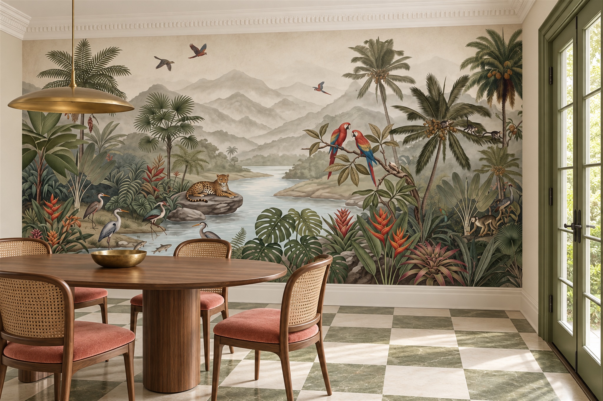 Olive Tropical Artful Layered Wallpaper Mural Dining-room-wallpaper-murals, Shown In A Dining Room, Peel-and-stick Finish