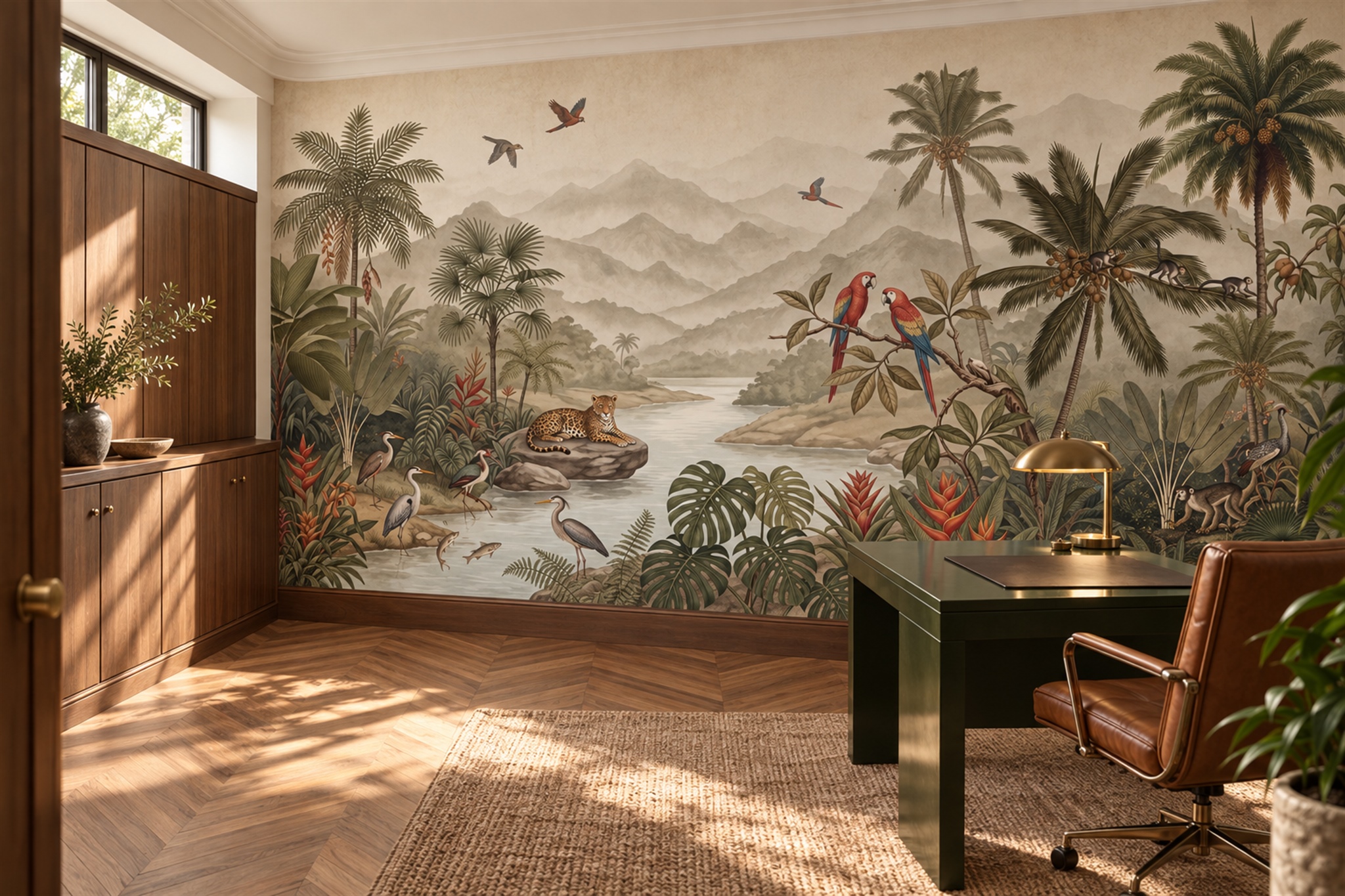 Olive Tropical Artful Layered Wallpaper Mural Home-office-wallpaper-murals, Shown In A Home Office, Peel-and-stick Finish