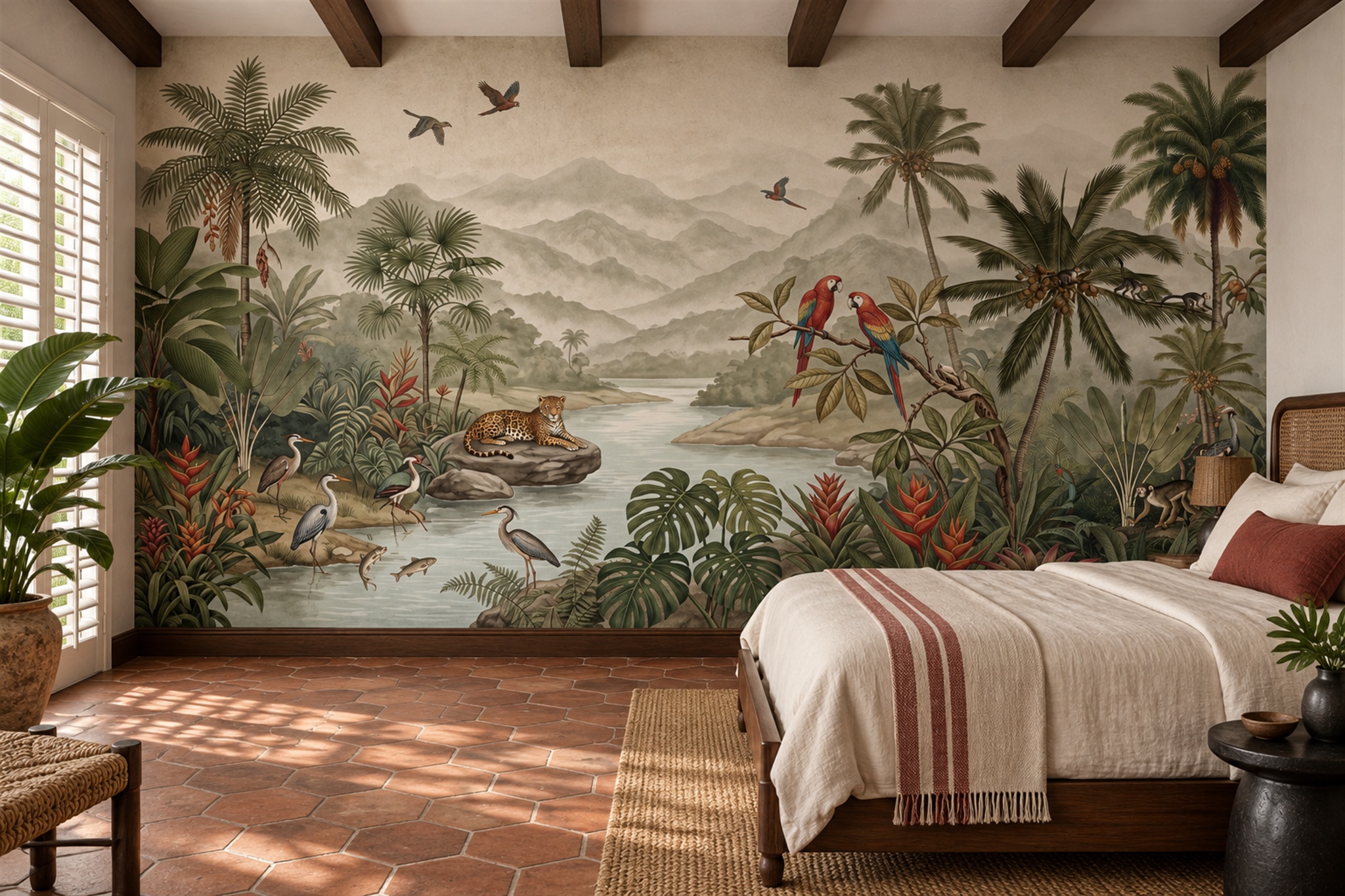 Tropical River With Parrots, Jaguar And Palms Wallpaper Mural — Installed Wallpaper Mural In A Bedroom, Peel-and-stick Finish