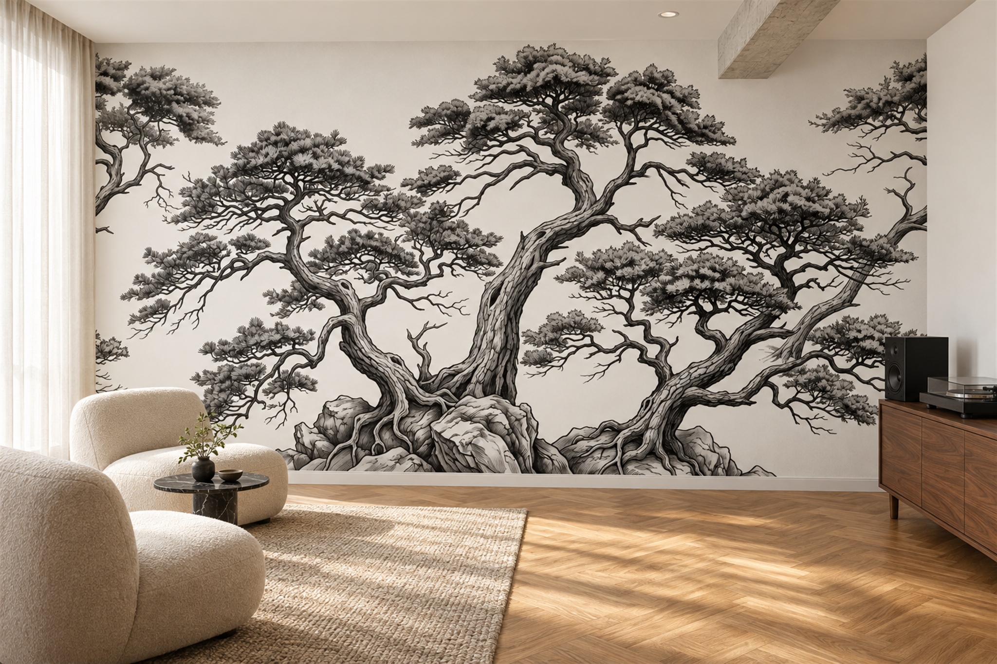 Black Misty Artful Wallpaper Mural Accent-wall-wallpaper-murals, Peel-and-stick Finish