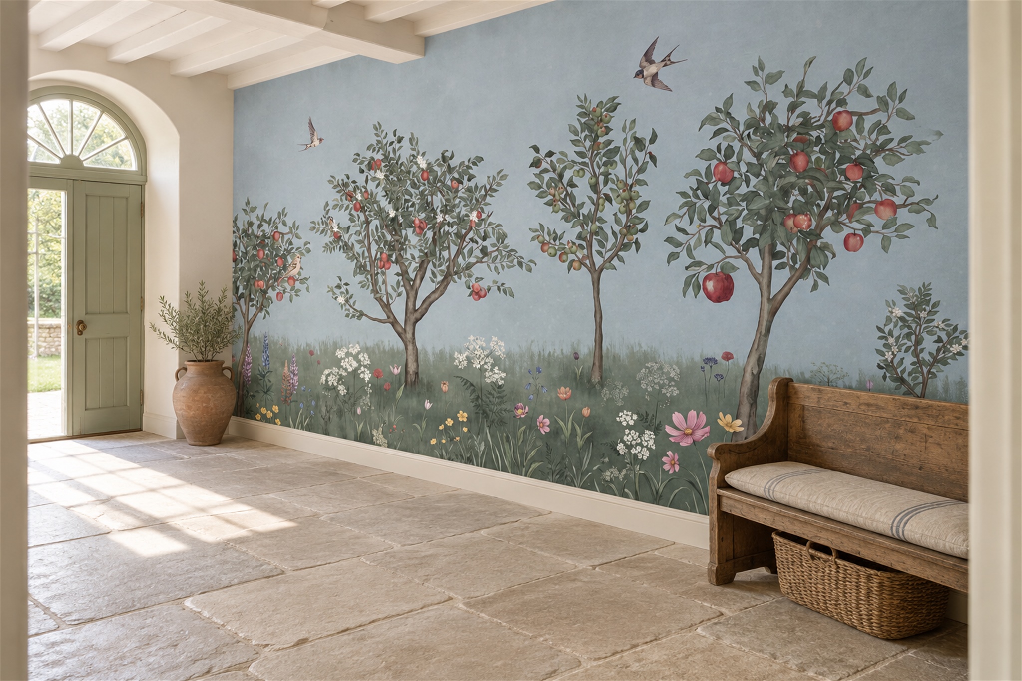 Blue Pattern Decorative Wallpaper Mural Layered Layered Detail Wallpaper Entryway-wallpaper-murals, Peel-and-stick Finish